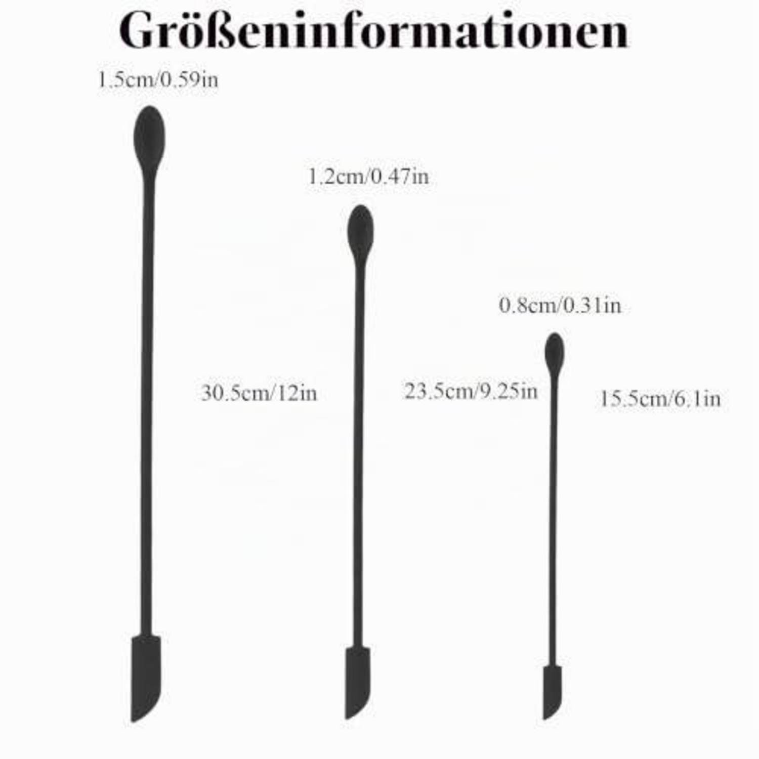 Größeninformationsdiagramm für drei schwarze Applikatorwerkzeuge mit Längen von 30,5 cm, 23,5 cm und 15,5 cm sowie Spitzenbreiten von 1,5 cm, 1,2 cm und 0,8 cm.
