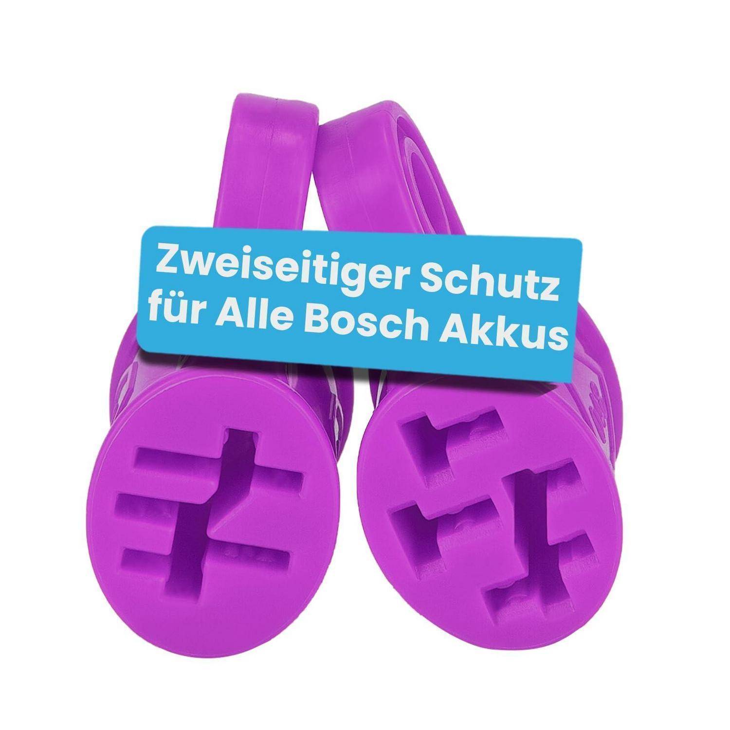 Lila Bosch-Batteriepolen-Abdeckungen mit blauem Etikett mit der Aufschrift „Zweiseitiger Schutz für Alle Bosch Akkus