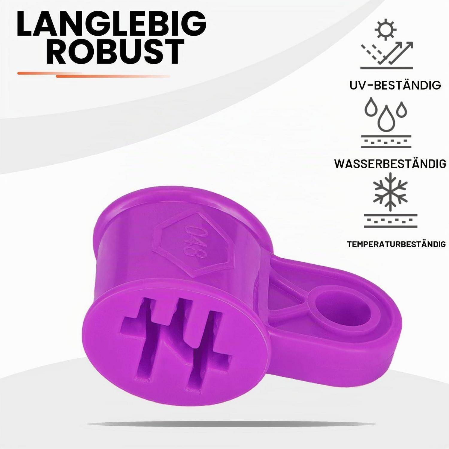 Robuster violetter Kunststoffclip oder -stecker, dargestellt mit deutschen Beschriftungen „UV-beständig", „wasserbeständig"" und „temperaturbeständig"", die angeben, dass dieser langlebig und UV-, wasser- und temperaturbeständig ist.
