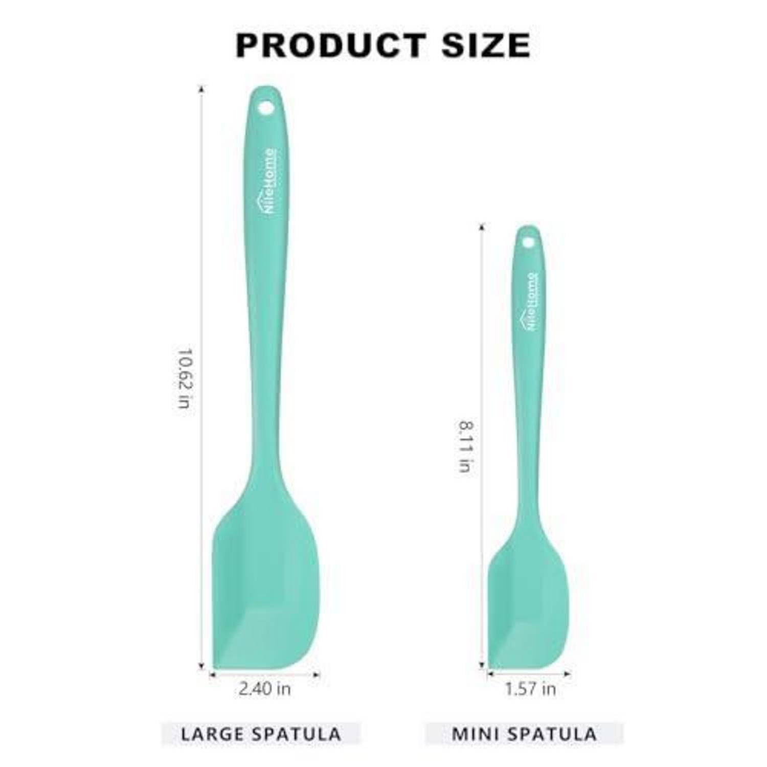 Produktgrößentabelle mit einem großen Spatel, 10,62 Zoll lang und 2,40 Zoll breit, und einem Mini-Spatel, 8,11 Zoll lang und 1,57 Zoll breit.