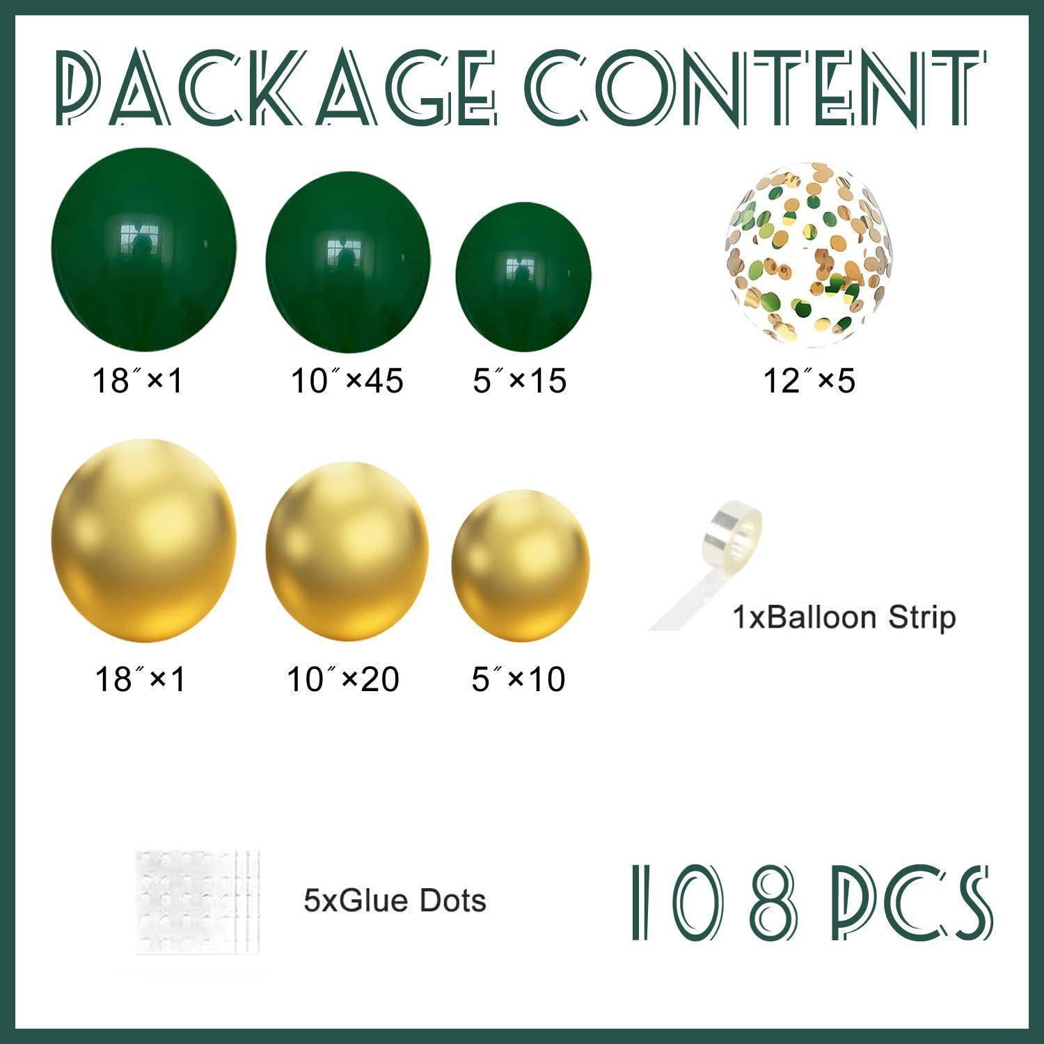 Infografik zum Paketinhalt mit 108 Teilen: grüne und goldene Ballons in drei Größen, ein Konfetti-Ballon, 1 Ballongirlande und 5 Klebepunkte.
