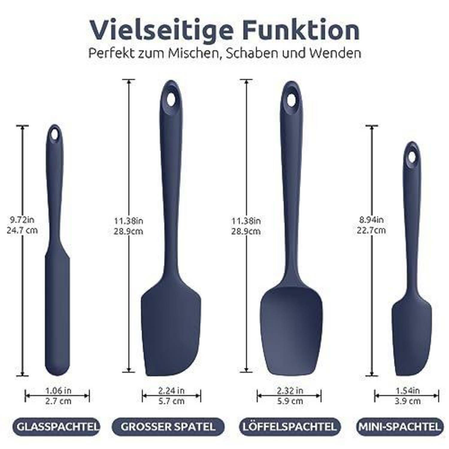 Diagramm von vier marineblauen Silikon-Spachteln mit gekennzeichneten Größen: Glasspachtel, großer Spachtel, Löffelspachtel und Mini-Spachtel, zeigt Längen von 8,94 bis 11,38 Zoll.