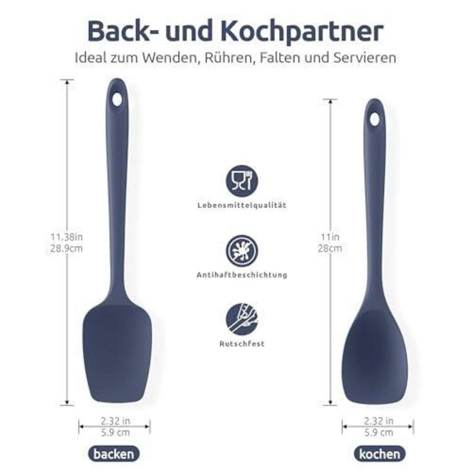 Deutsches Produktgrafik, das einen Silikon-Küchenspatel zum Backen und Kochen zeigt, mit Abmessungen von 11,38 Zoll/28,9 cm und 11 Zoll/28 cm, 2,32 Zoll/5,9 cm breit, und Symbole für lebensmittelsicher, Antihaft und rutschfest.