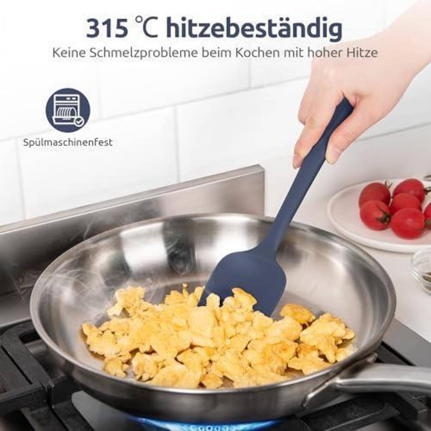 Handgerührte Rühreier in einer Edelstahlpfanne auf einem Kochfeld; Text besagt '315 °C hitzebeständig' und 'Spülmaschinenfest'.