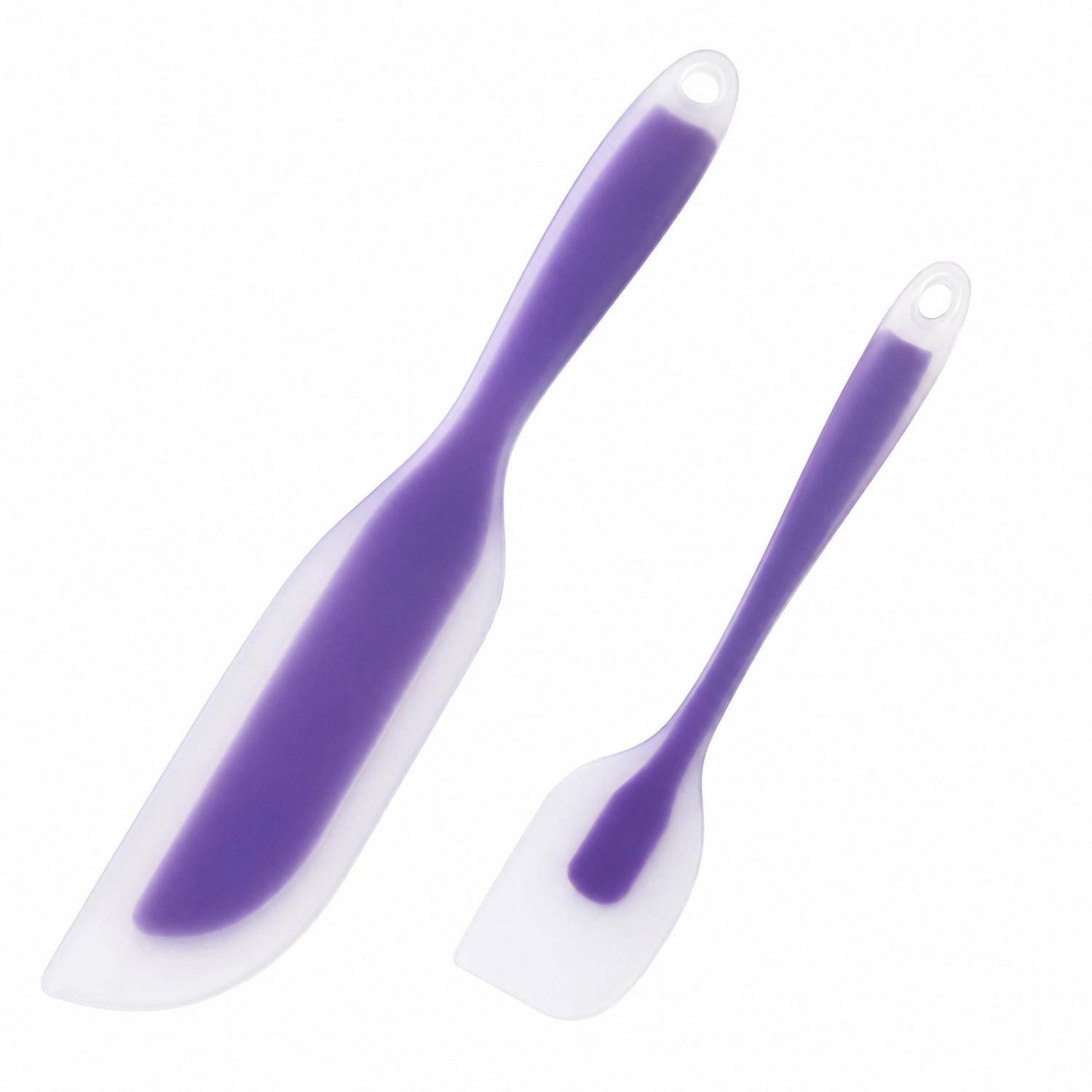 Zwei violett-weiße Silikonspachteln mit Aufhängelöchern, dargestellt auf weißem Hintergrund.