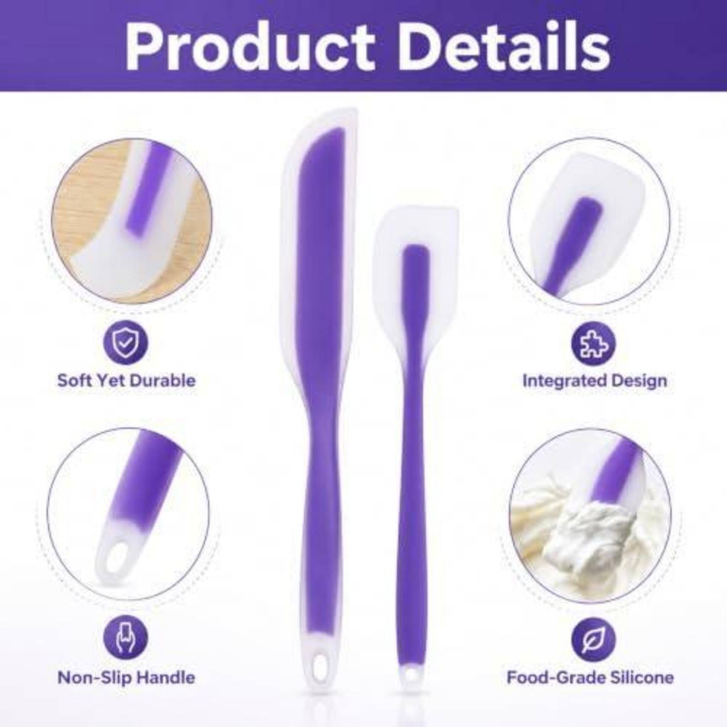Produktdetails-Grafik, die zwei violette Silikonspatel zeigt und das weiches, aber langlebiges Material, das integrierte Design, den rutschfesten Griff und das lebensmittelechte Silikon hervorhebt.