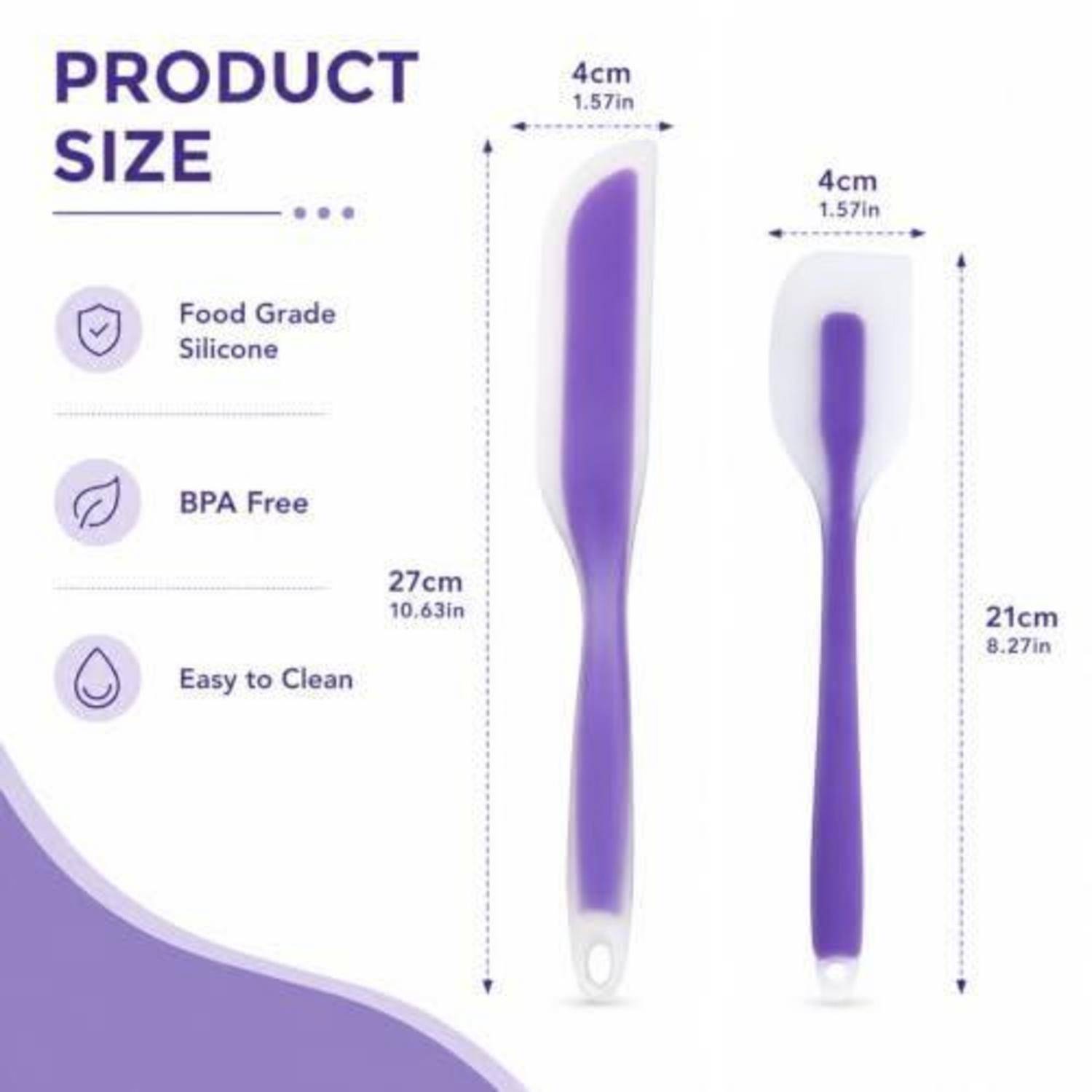 Produktgröße-Infografik mit zwei violetten Silikonspachteln: größer 27 cm lang × 4 cm breit, kleiner 21 cm lang × 4 cm breit; gekennzeichnet mit Lebensmittelsilikon, BPA-frei, leicht zu reinigen.