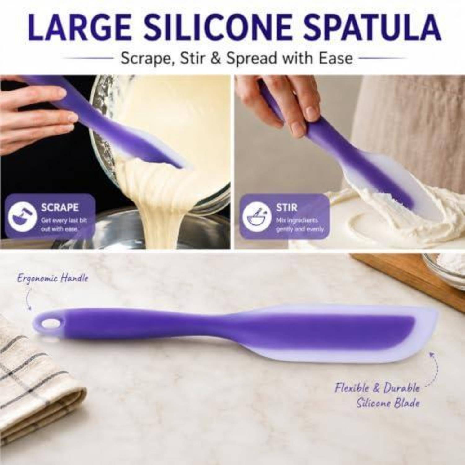 Werbebild einer großen violetten Silikonspachtel mit ergonomischem Griff und flexibler Klinge, die Teig kratzt und rührt; der Text lautet „Scraping, Rühren und Verteilen leicht gemacht