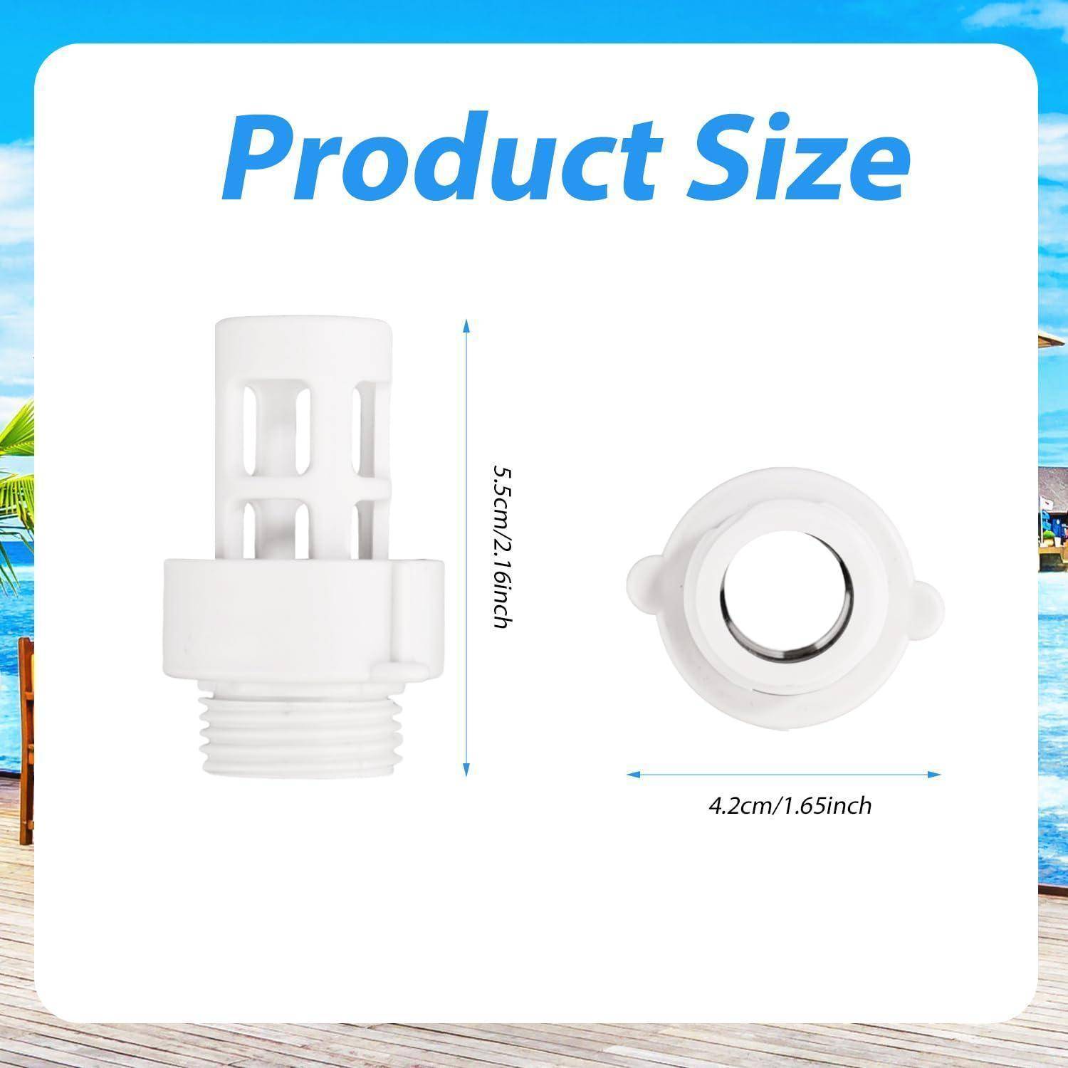 Produktgrößendiagramm zeigt ein weißes Kunststoffteil mit den Abmessungen 5,5 cm x 4,2 cm, beschriftet mit „Produktgröße