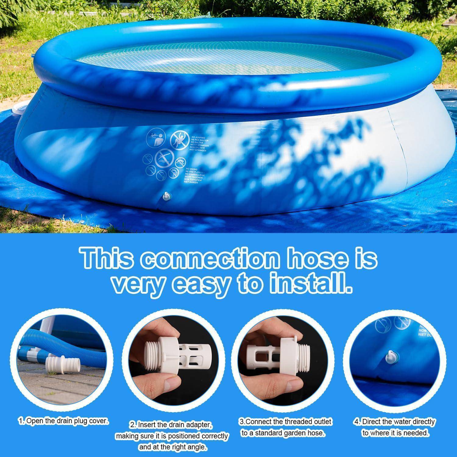 Aufblasbarer oberirdischer Pool mit Text, der zeigt, dass die Schlauchverbindung einfach zu installieren ist, plus vier Schritt-Illustrationen zum Anbringen eines Ablassadapters und eines Gartenschlauchs.