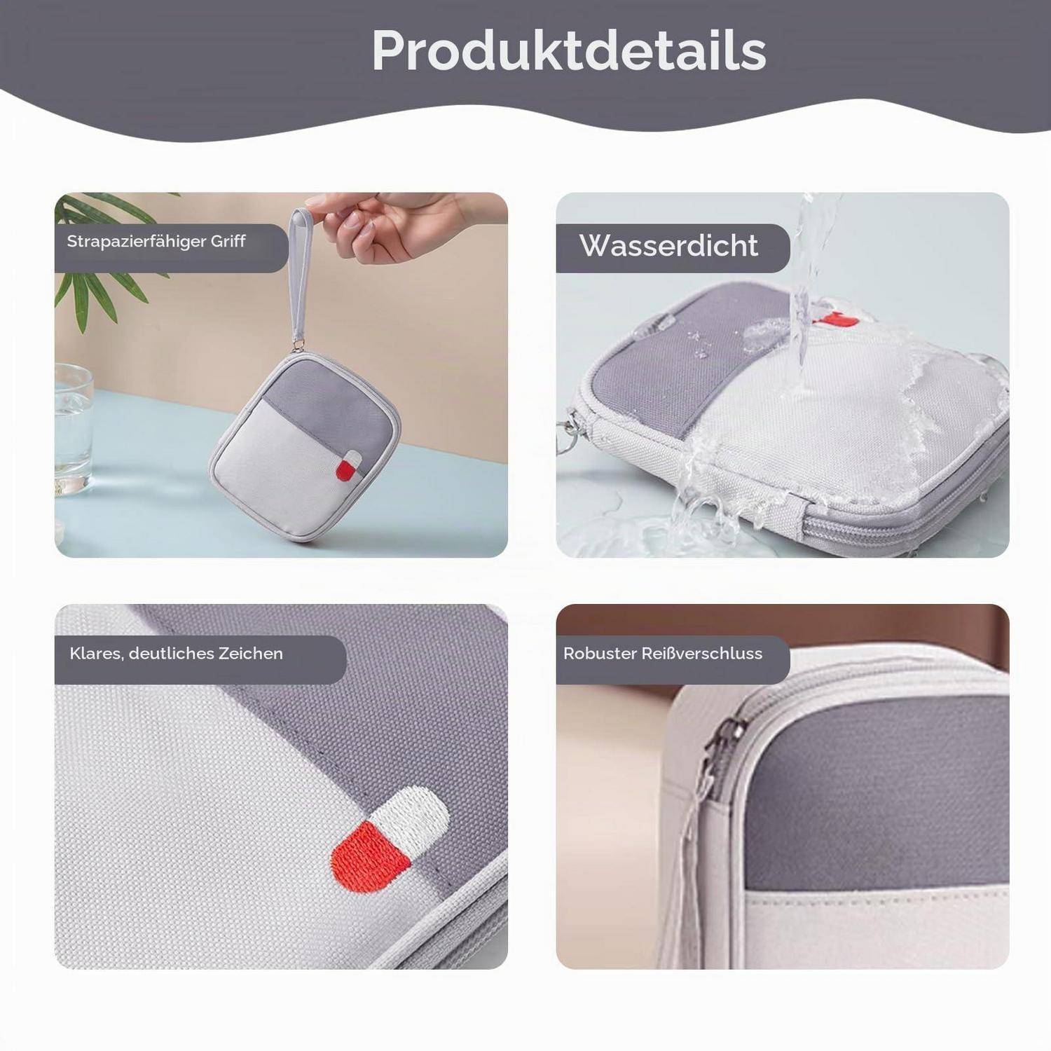 Produktdetailsgrafik mit einem kleinen grauen verschlossenem Koffer mit strapazierfähigem Griff, wasserdichtem Material, transparentem Etikett und robustem Reißverschluss.