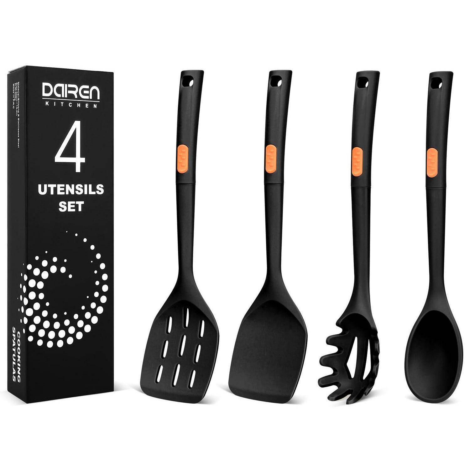 Black Dairen Kitchen 4-teiliges Utensilien-Set mit Spatel, Wender, Nudelserver und Servierlöffel, abgebildet neben der Verpackung.