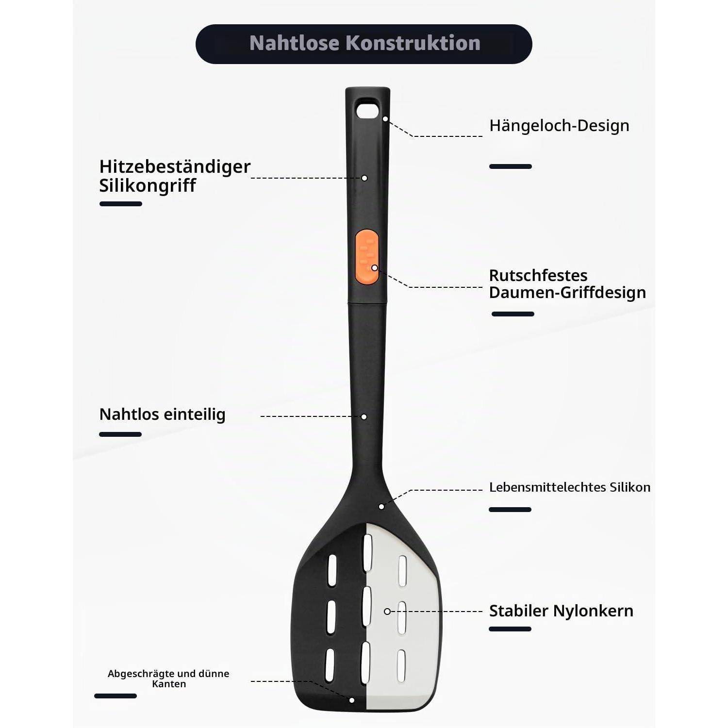 Annotiertes Bild eines schwarzen Silikon-Küchenspatels mit der Bezeichnung „Nahtlose Konstruktion