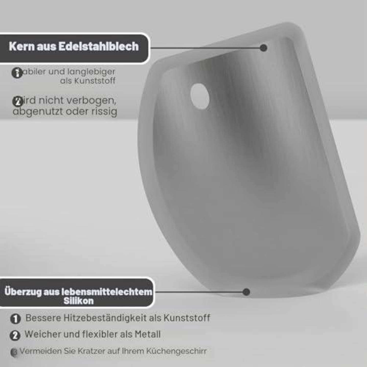 Illustration eines Küchengerätkopfes mit einem Edelstahlkern und einer lebensmittelechten Silikonbeschichtung, mit deutschen Beschriftungen, die Langlebigkeit, Wärmeverträglichkeit, Flexibilität und Kratzschutz hervorheben.