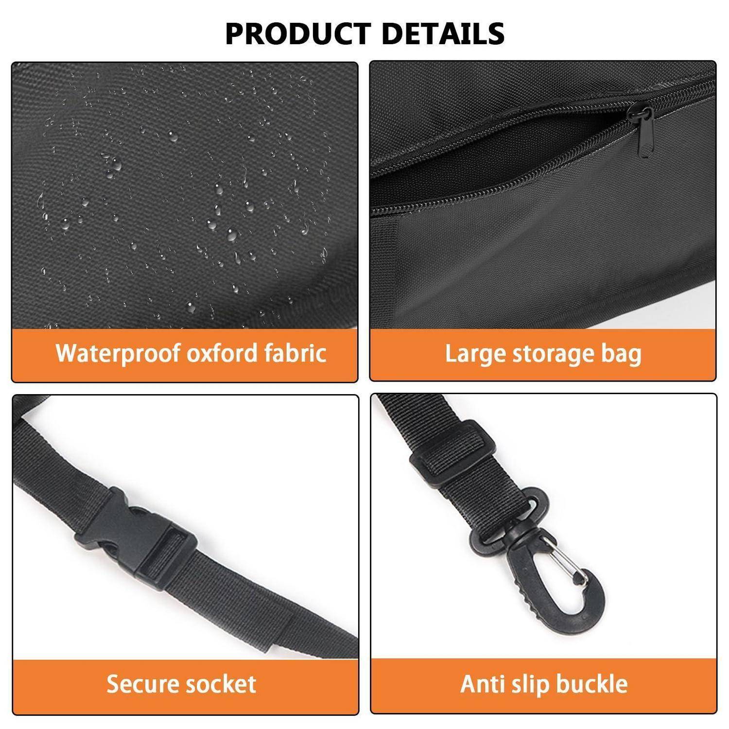 Produktdetails-Grafik mit einer wasserdichten Oxford-Stofftasche mit großer Aufbewahrungstasche, sicherem Riemenaufnahme und rutschfestem Schnallenverschluss.