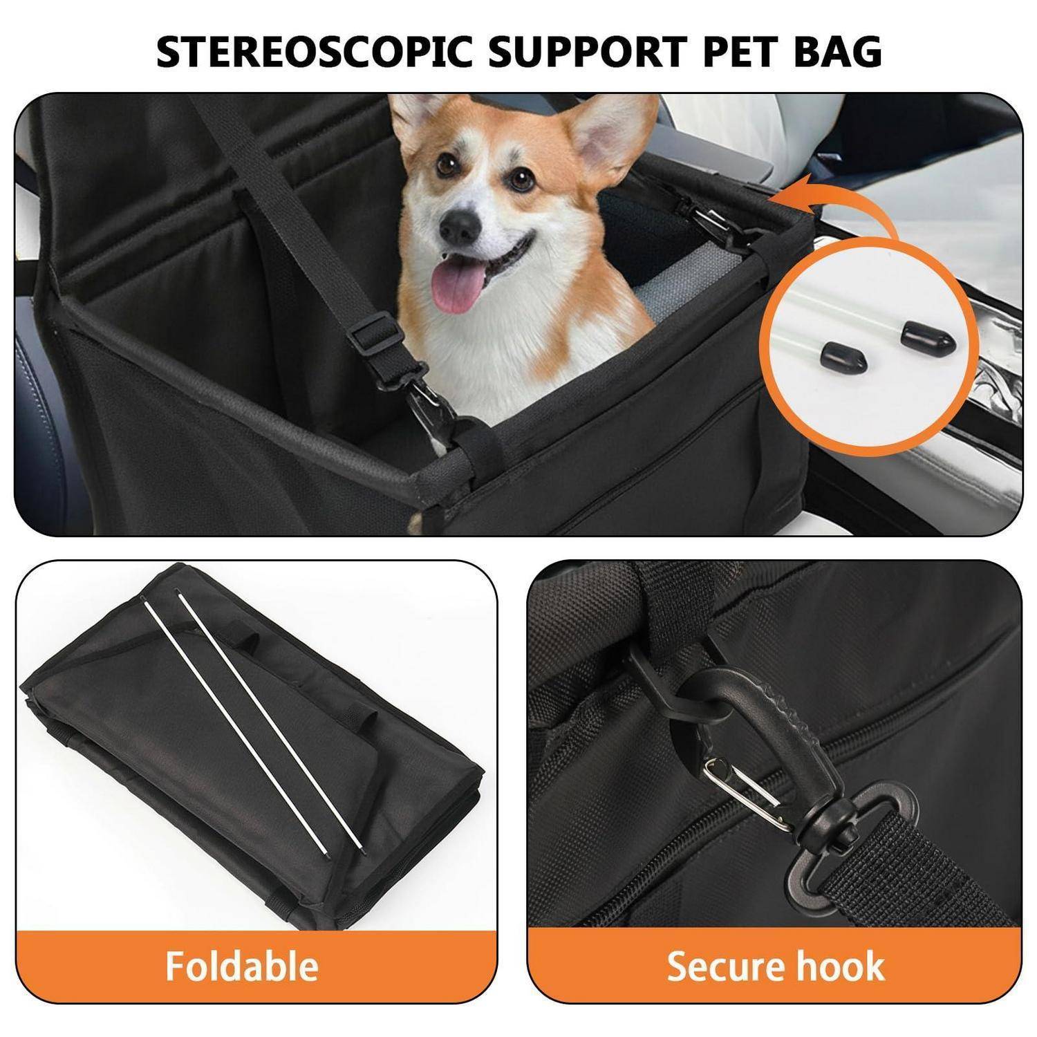 Collage mit einer faltbaren stereoskopischen Stütztasche für Haustiere im Auto, mit einem Hund darin und Nahaufnahmen des Faltdesigns der Tasche und des sicheren Hakens.