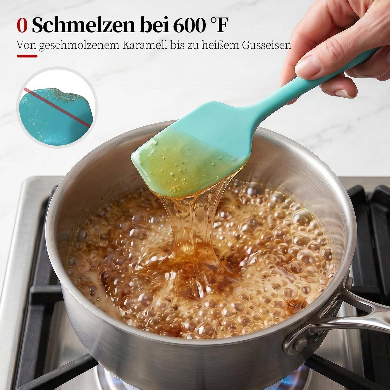 Unterrichtsbild zum Karamellisieren in einem Topf, zeigt '0 Schmelzen bei 600 °F' und einen Spatel, der klaren Bernsteinsirup hebt, mit einer eingefügten Warnung vor Überhitzung.