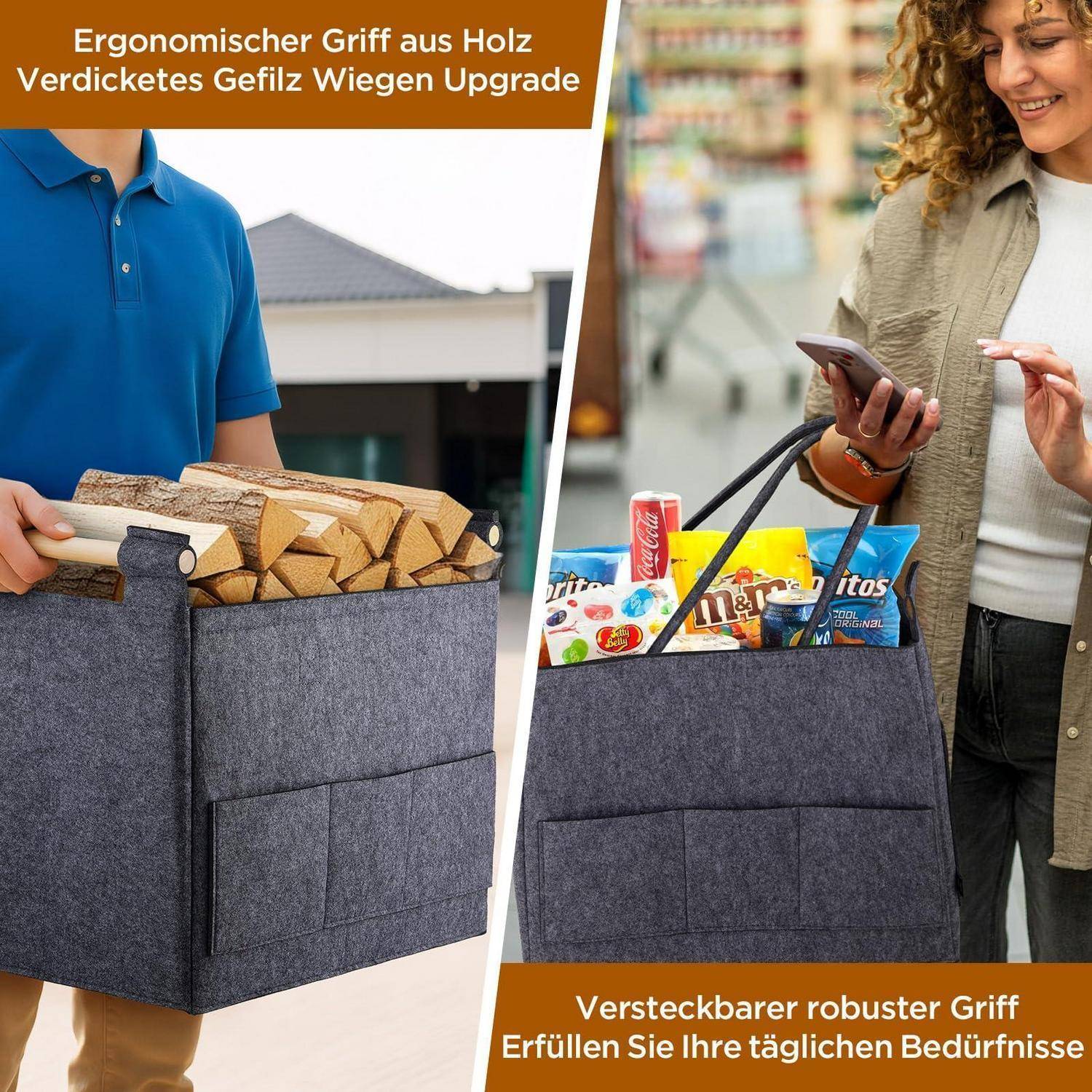 Geteilte Anzeige zeigt eine graue Filz-Lagertasche mit robusten Holzgriffen, die zum Tragen von Brennholz und Lebensmitteln verwendet wird; Deutscher Text hebt einen ergonomischen, stabilen, versteckbaren Griff hervor.