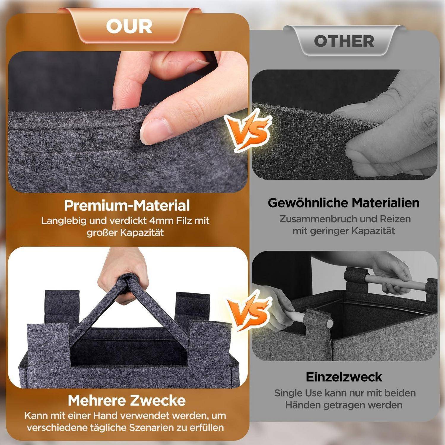 Vergleichsinfografik von „UNSERER" vs. „ANDERE"" Aufbewahrungstasche: Premium 4mm Material und Mehrfachnutzung, versus gewöhnliches Material und einfache Handhabung.