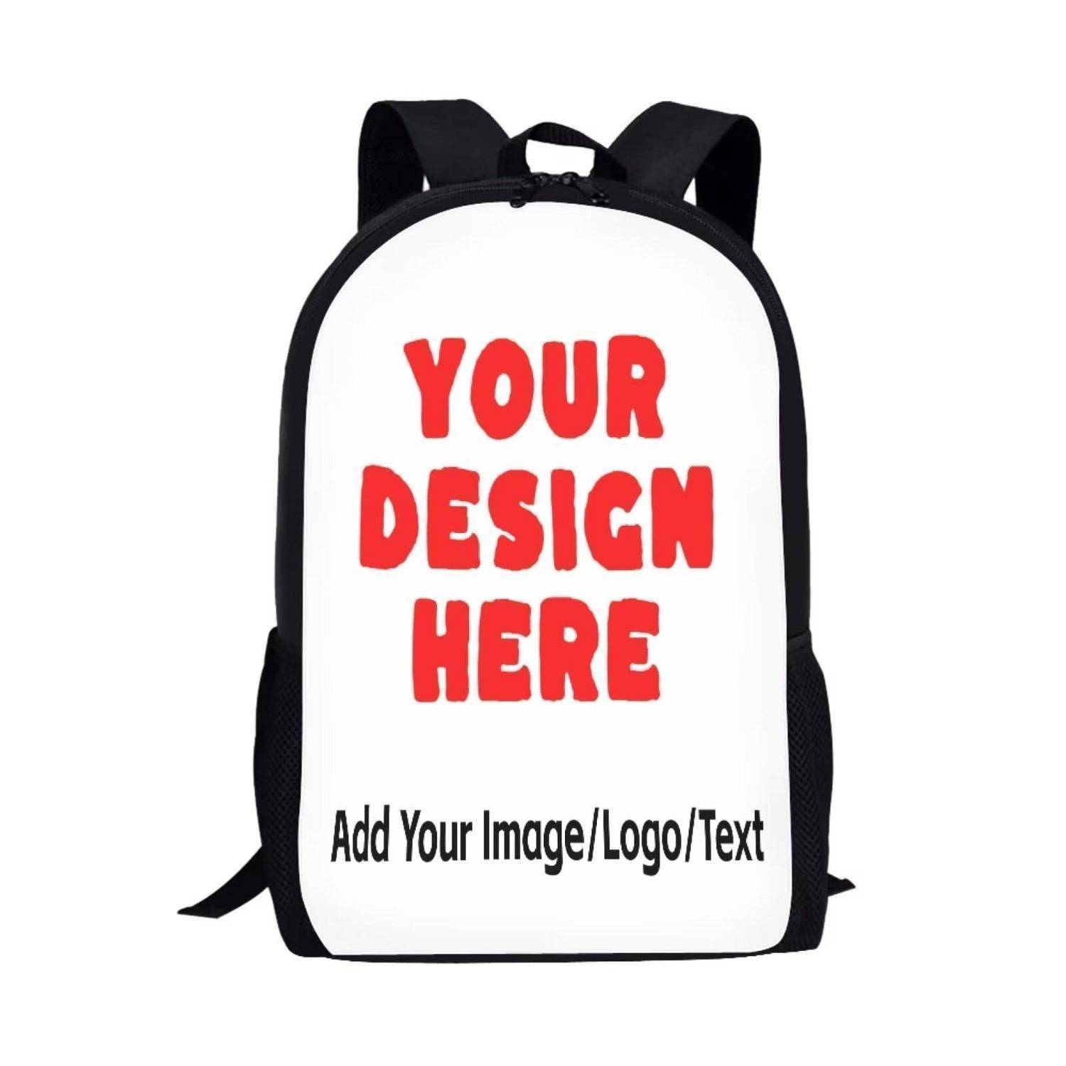 Schwarzer Rucksack-Mockup mit weißem Frontpanel und Platzhaltertext „YOUR DESIGN HERE