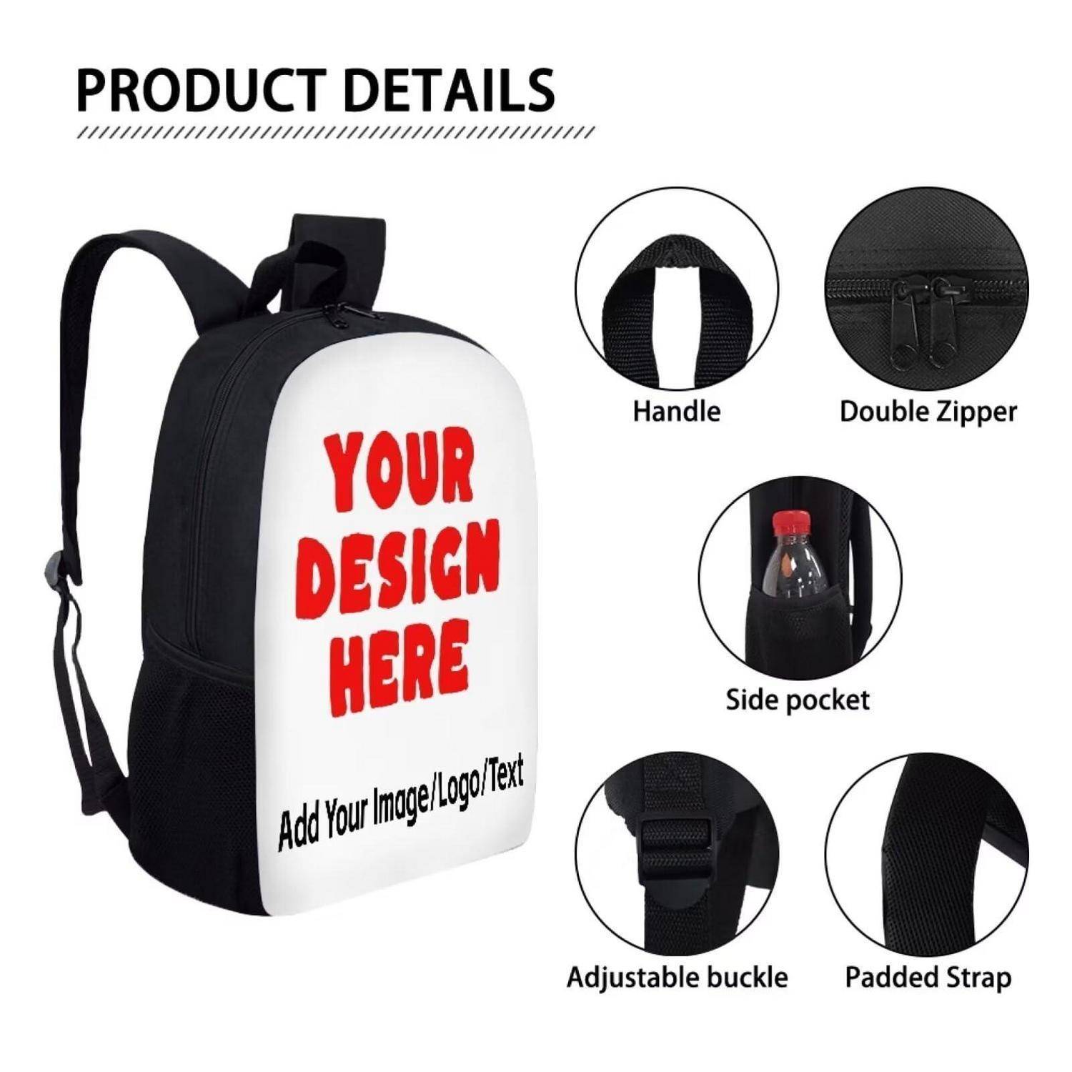 Produktdetails für einen benutzerdefinierten schwarzen Rucksack mit weißem Frontpanel, Druckbereich „Ihr Design hier", Griff, Doppelreißverschluss, Seitentasche, verstellbarer Schnalle und gepolstertem Riemen.