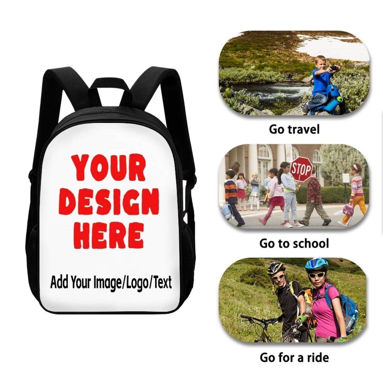 Schwarzer Rucksack-Mockup mit "DEIN DESIGN HIER"" und drei Verwendungsbeispiele: ""Zum Reisen gehen"", ""In die Schule gehen"" und ""Eine Fahrt machen"".