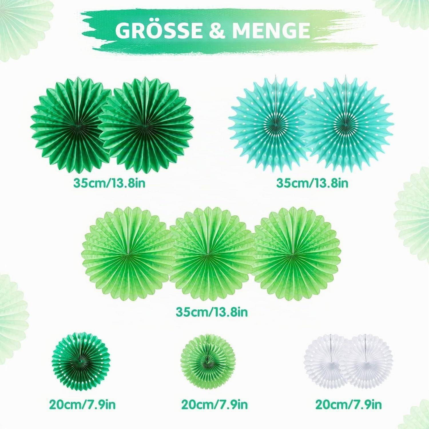 Größentabelle für Produkte mit grünen und weißen Papierfächern in drei Größen: 35 cm/13,8 Zoll und 20 cm/7,9 Zoll, mit der Bezeichnung „GRÖSSE & MENGE".
