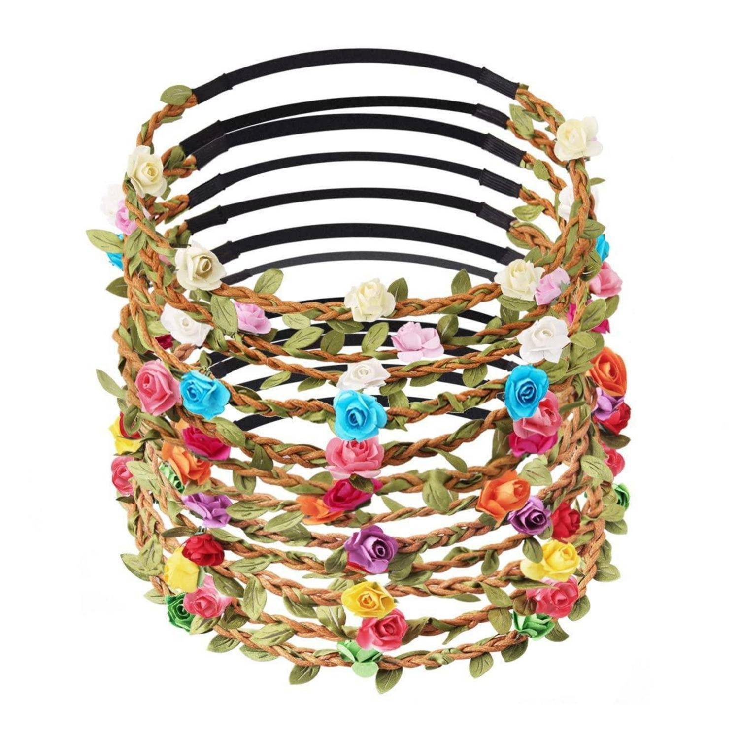 Dekoratives blumengeschmücktes Stirnband im Korbstil mit geflochtenen rankenartigen Bändern und bunten Rosenblüten auf weißem Hintergrund.
