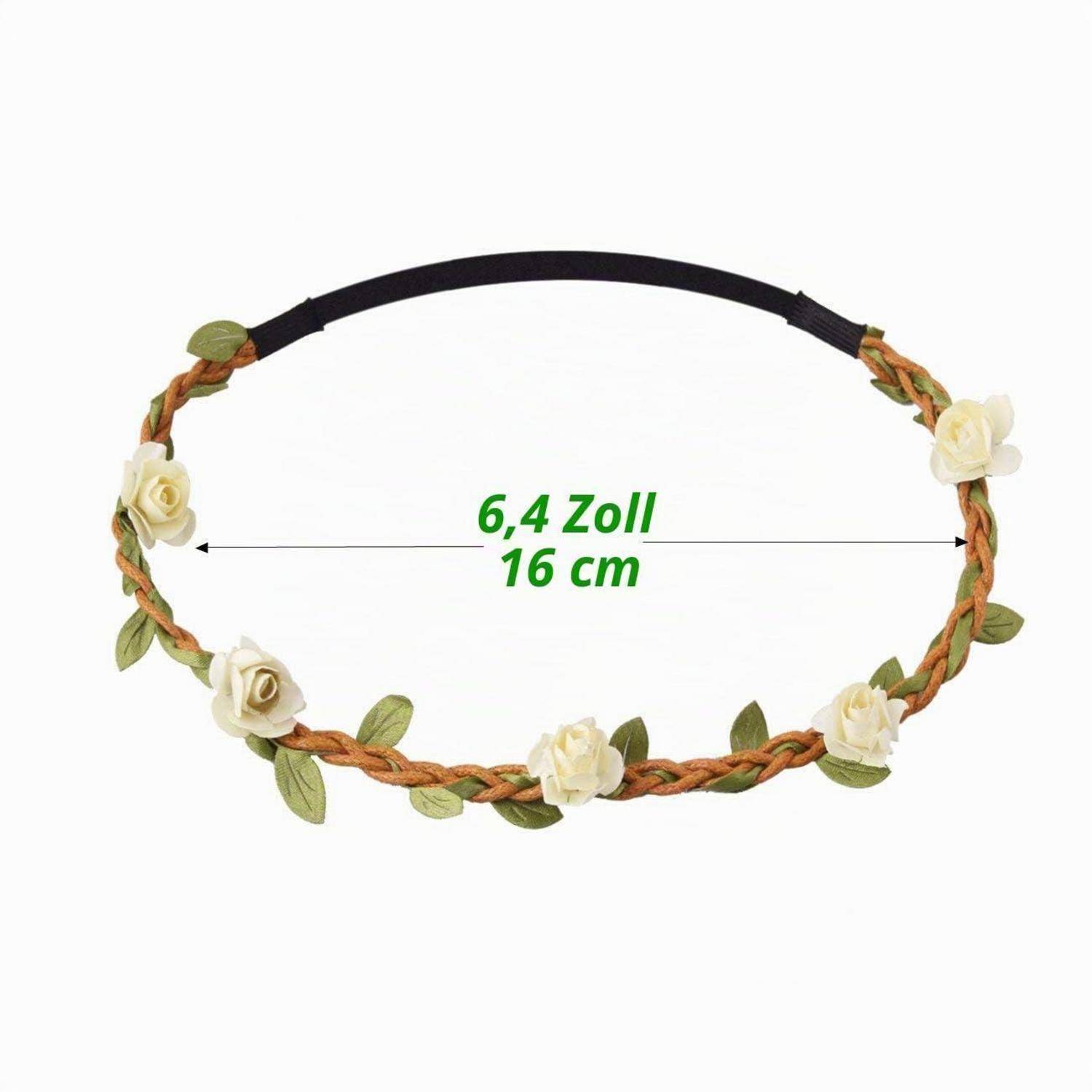 Blumenkrone-Stirnband mit weißen Rosen und grünen Blättern, gezeigt mit einer Breitenmessung von 16 cm (6,4 Zoll).