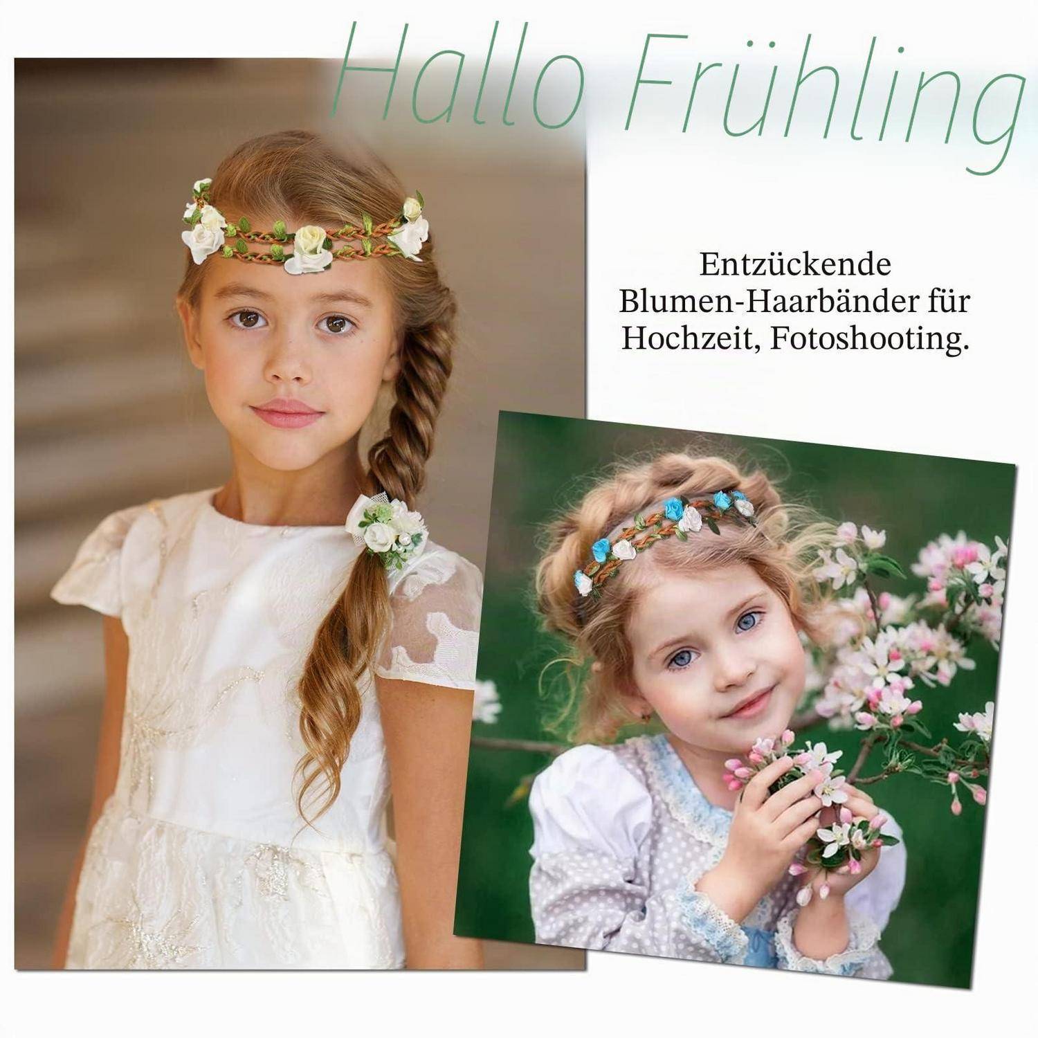 Anzeige zeigt zwei junge Mädchen, die Blumenkränze tragen, mit deutschem Text „Hallo Frühling" und „Entzückende Blumen-Haarbänder für Hochzeit, Fotoshooting."