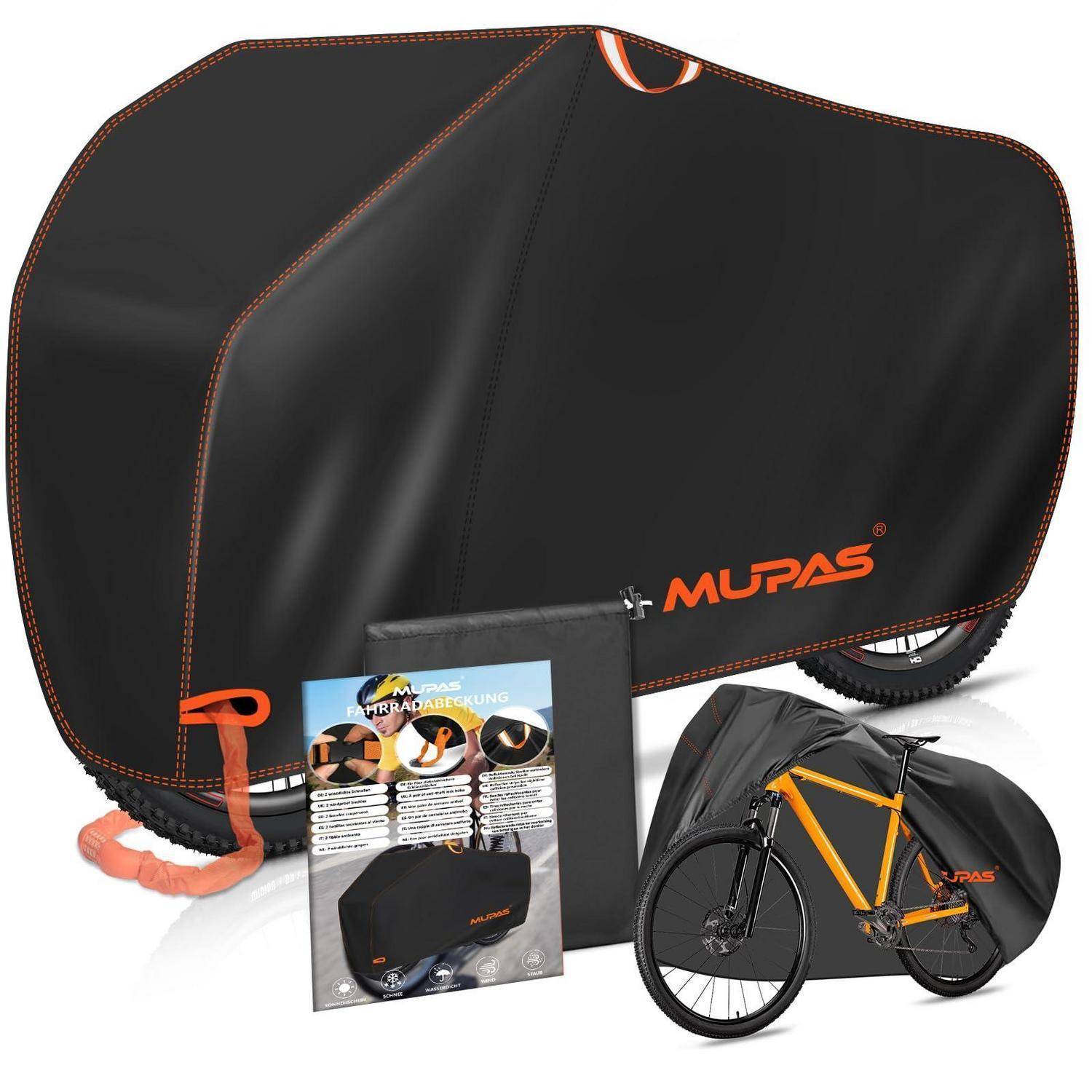 Schwarze MUPAS-Fahrradschutzabdeckung, die über einem Fahrrad angebracht ist, mit Verpackung, die die Abdeckung in Gebrauch und ihre Passform-Eigenschaften zeigt.