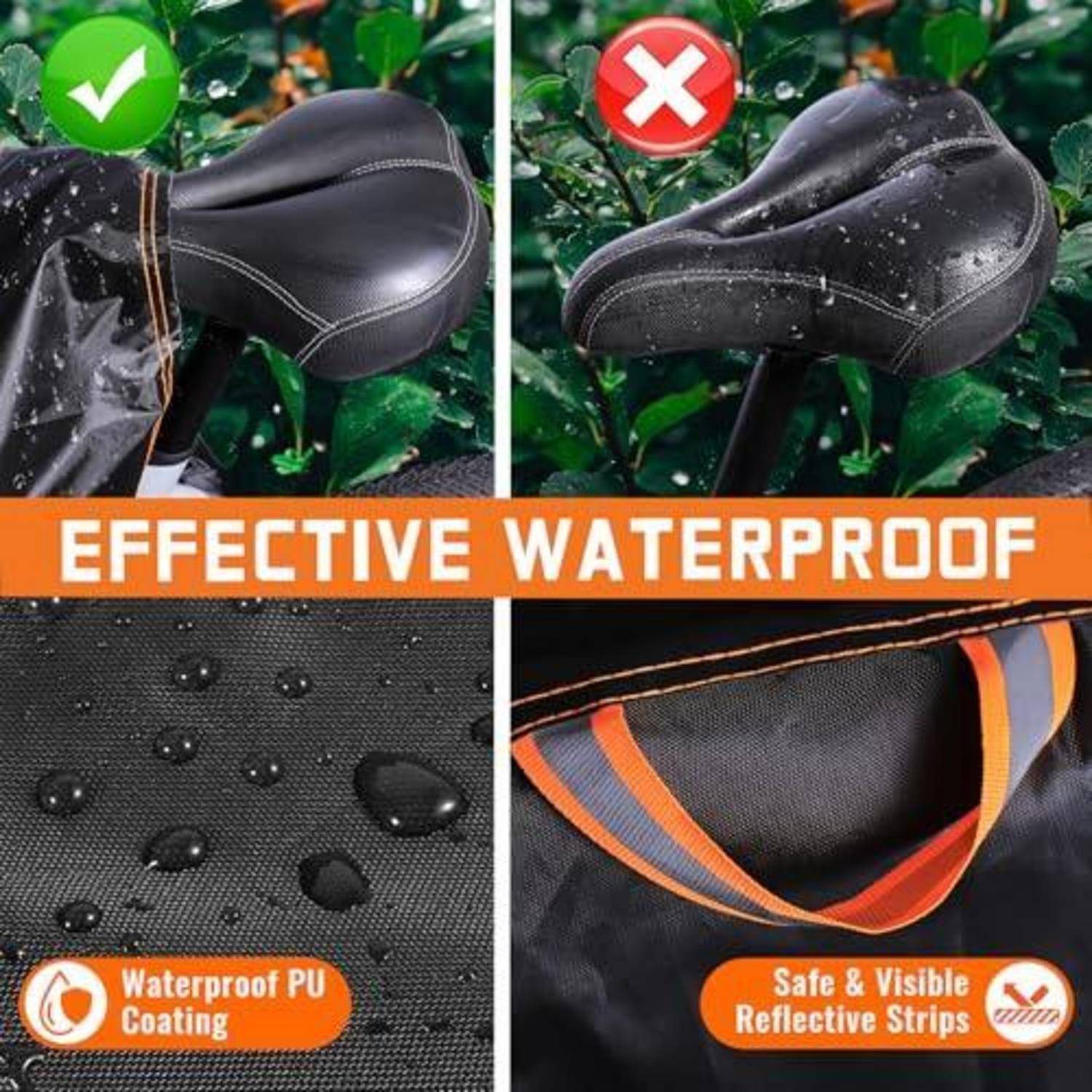 Werbegrafik mit einem schwarzen Fahrradsattel und einer Tasche, die als wasserdicht dargestellt werden, mit den Aufschriften „Effektiv wasserdicht", „Wasserdichte PU-Beschichtung"" und „Sichere und sichtbare reflektierende Streifen"".