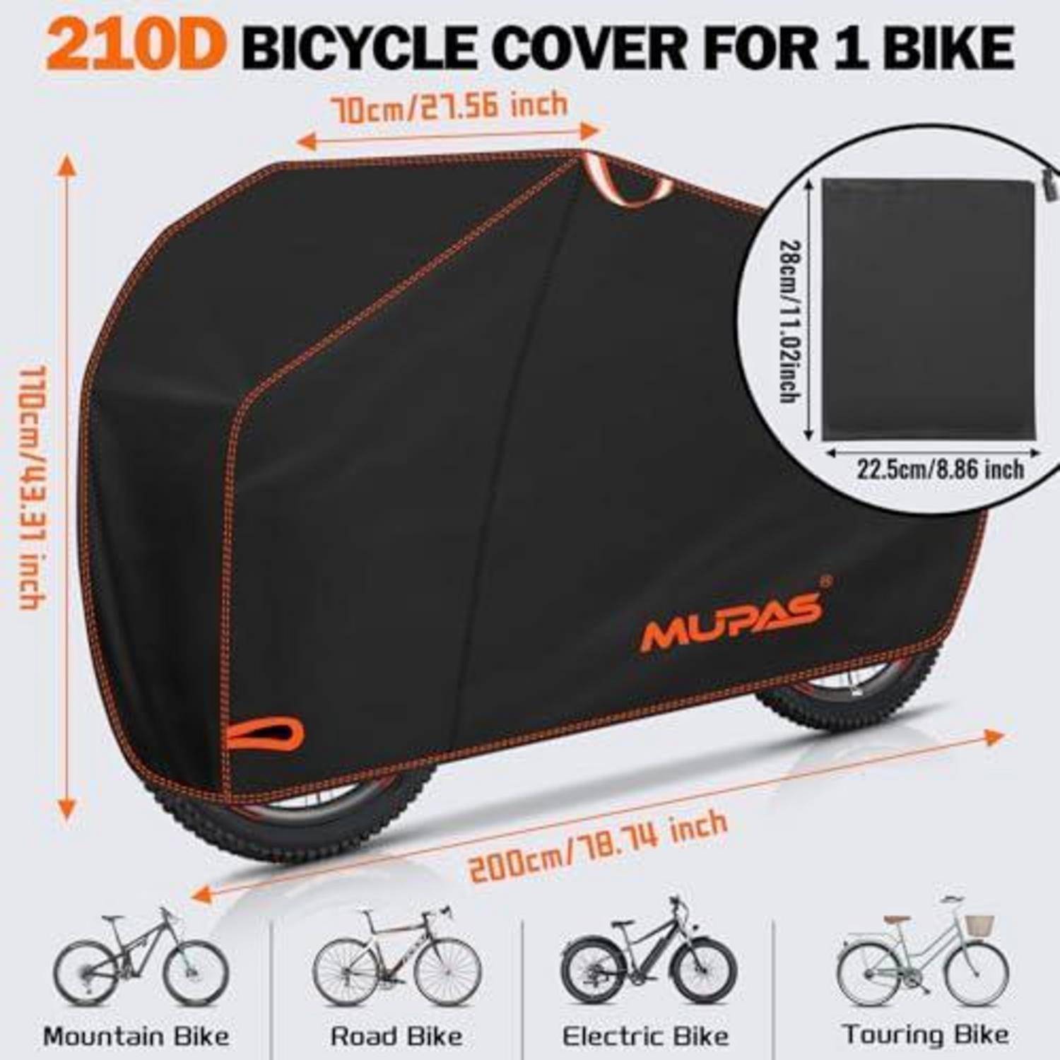 Illustrierte MUPAS Fahrradabdeckung für ein Fahrrad mit Abmessungen von 200 cm Länge, 110 cm Höhe, 70 cm Breite und passt auf Mountain-, Renn-, Elektro- und Tourenräder.