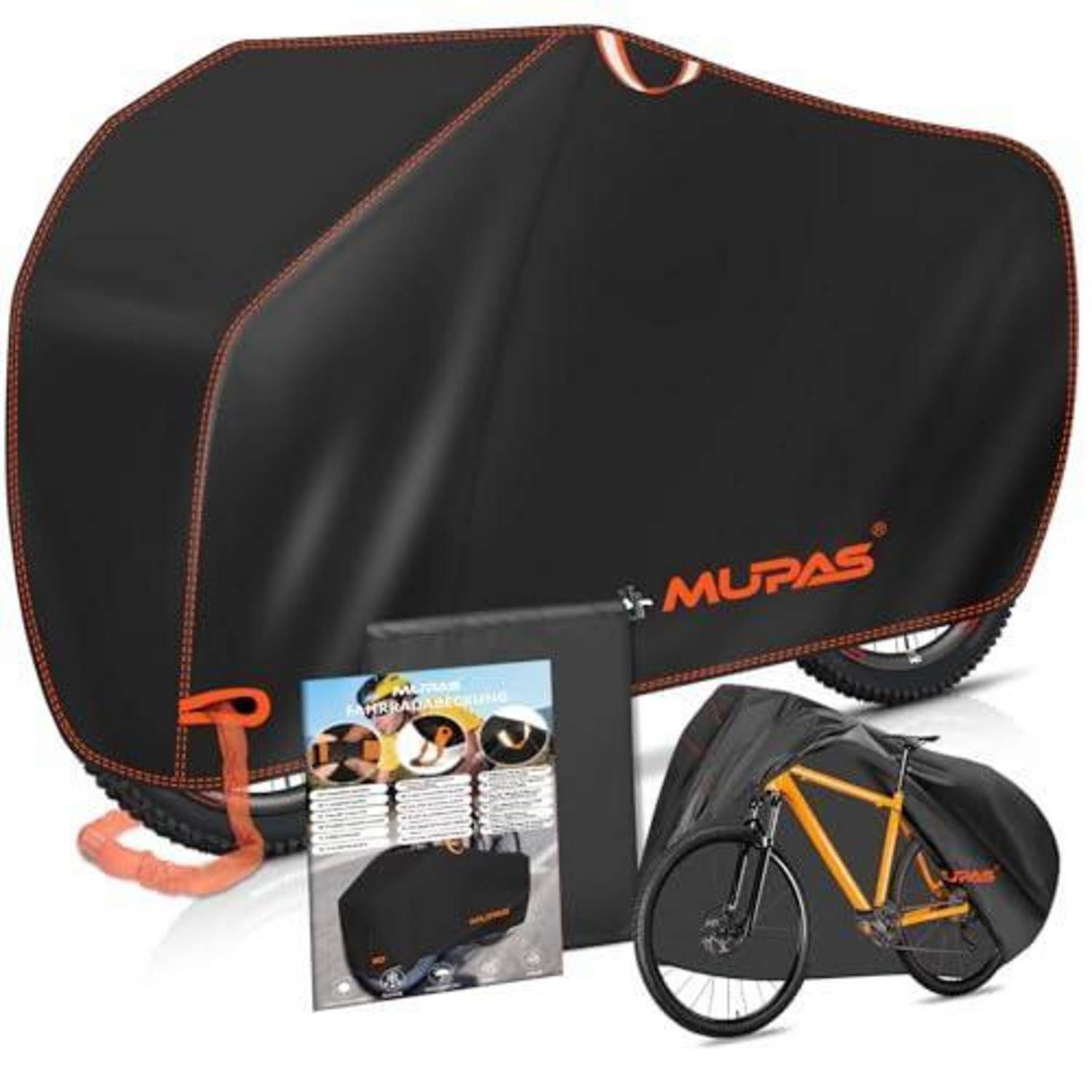 Schwarze MUPAS-Fahrradabdeckung auf einem Fahrrad dargestellt, mit Produktverpackung im Vordergrund.