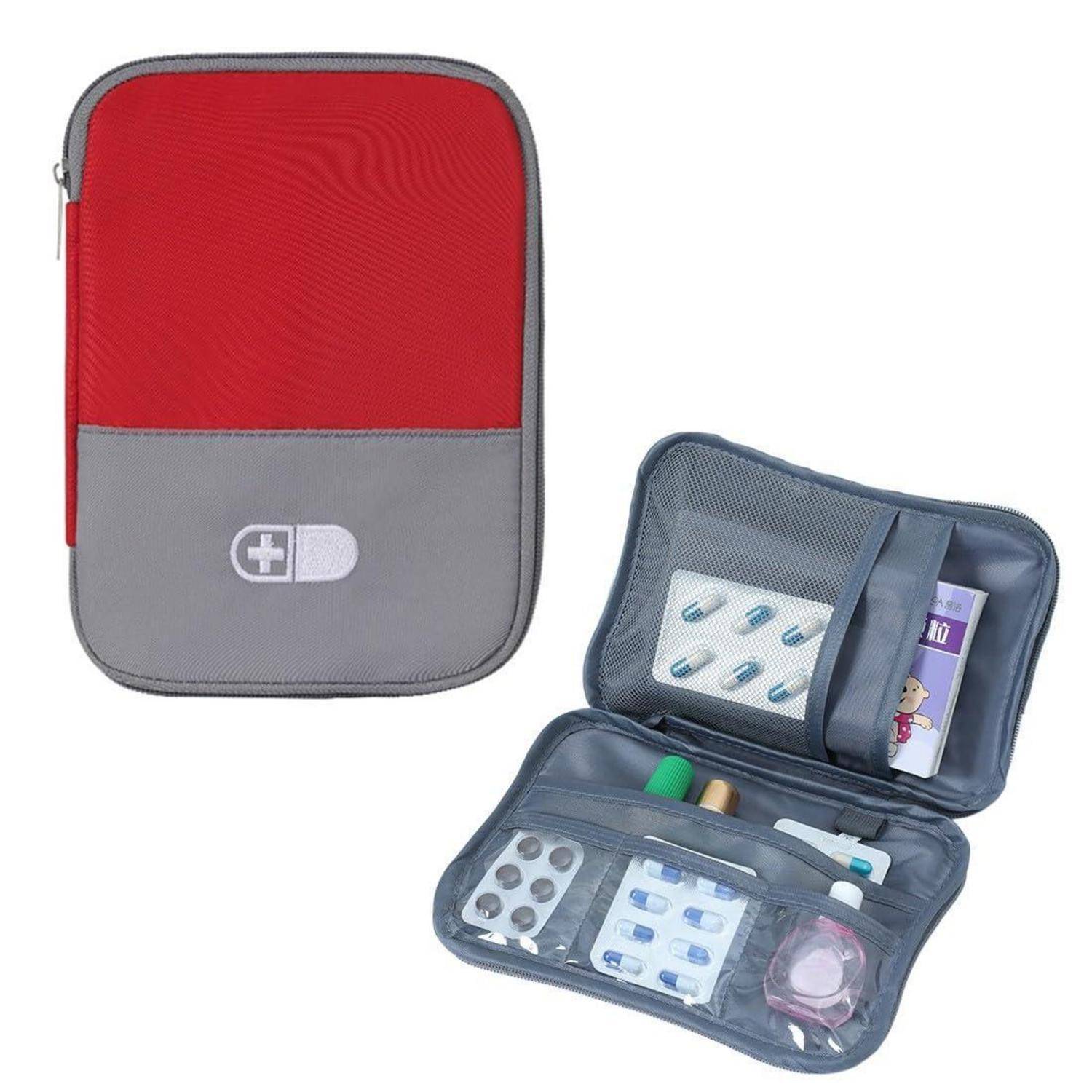 Rote und graue medizinische Organizer-Tasche, gezeigt geschlossen und offen mit Netztaschen, die Pillen, Blisterpackungen und kleine Medikamentenflaschen halten.