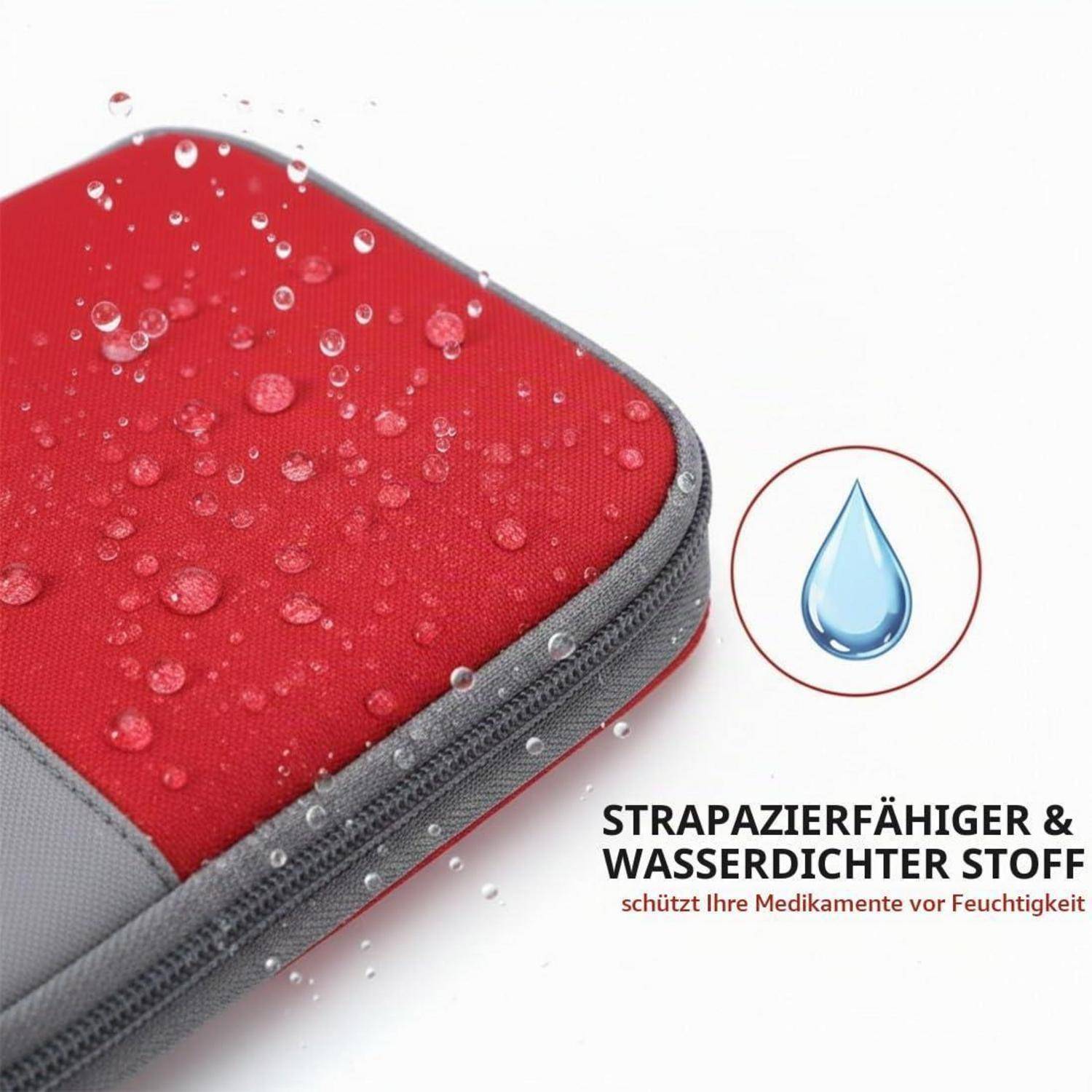 Rote, wasserdichte Stoff-Tasche mit Reißverschluss und Wassertropfen sowie Tropfensymbol; deutscher Text besagt, dass langlebiges, wasserfestes Material Medikamente vor Feuchtigkeit schützt.