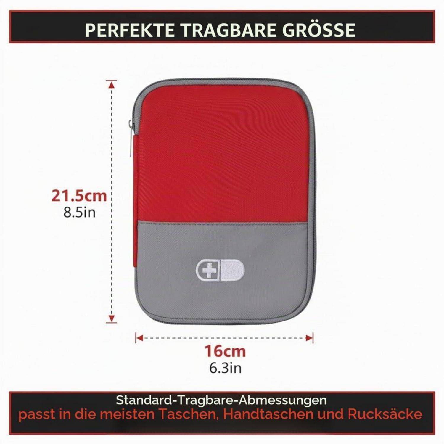 Produktgrößengrafik, die ein rot-grau gestreiftes Etui mit der Bezeichnung „PERFEKTE TRAGBARE GRÖSSE" zeigt, mit den Maßen 21,5 cm Höhe und 16 cm Breite, das in die meisten Taschen und Rucksäcke passt.