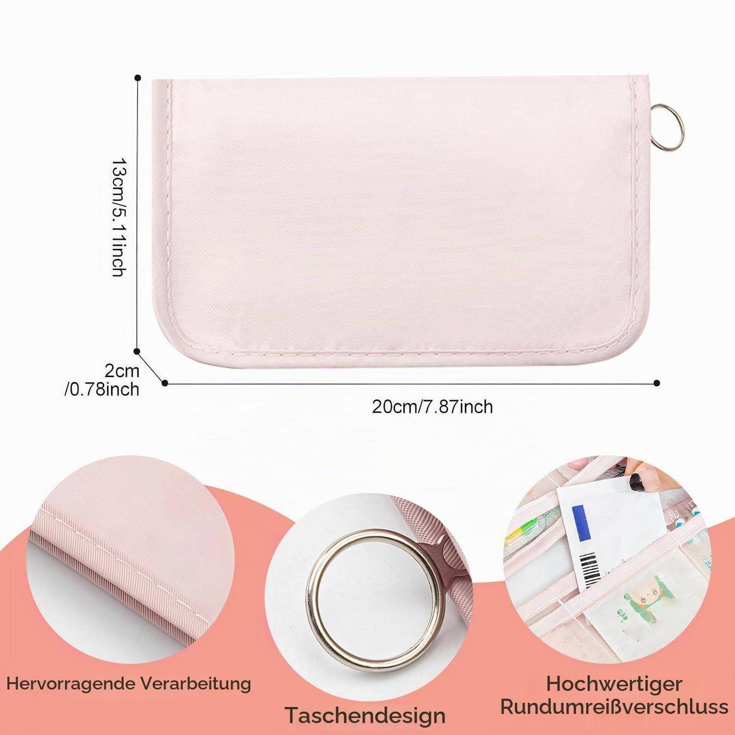 Rosa rechteckige Tasche mit Rundum-Reißverschluss und Ringzug, dargestellt mit Abmessungen von 20 cm x 13 cm x 2 cm und Nahaufnahmen, die die Nähte, das Ringdesign und die Reißverschlusstaschen hervorheben.