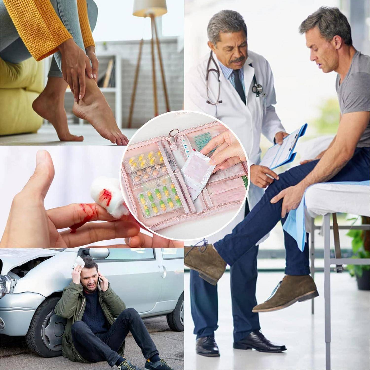 Collage von Verletzung und medizinischer Versorgung: Arzt untersucht einen sitzenden Mann, mit Bildern eines blauen Fußes, verbundenem Finger, Unfallverletzung und Pillendose.