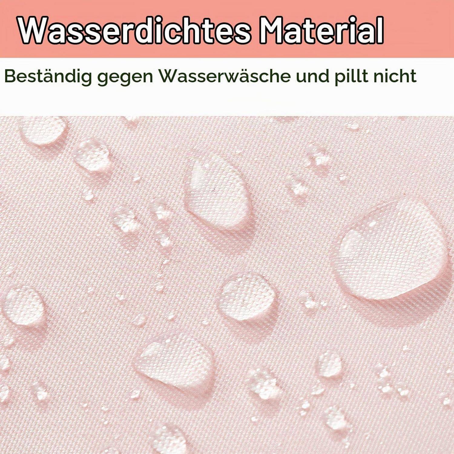 Rosastoff mit Wassertropfen, die auf der Oberfläche perlen, beschriftet mit „Wasserdichtes Material" und „Beständig gegen Wasserwäsche und pillt nicht"".