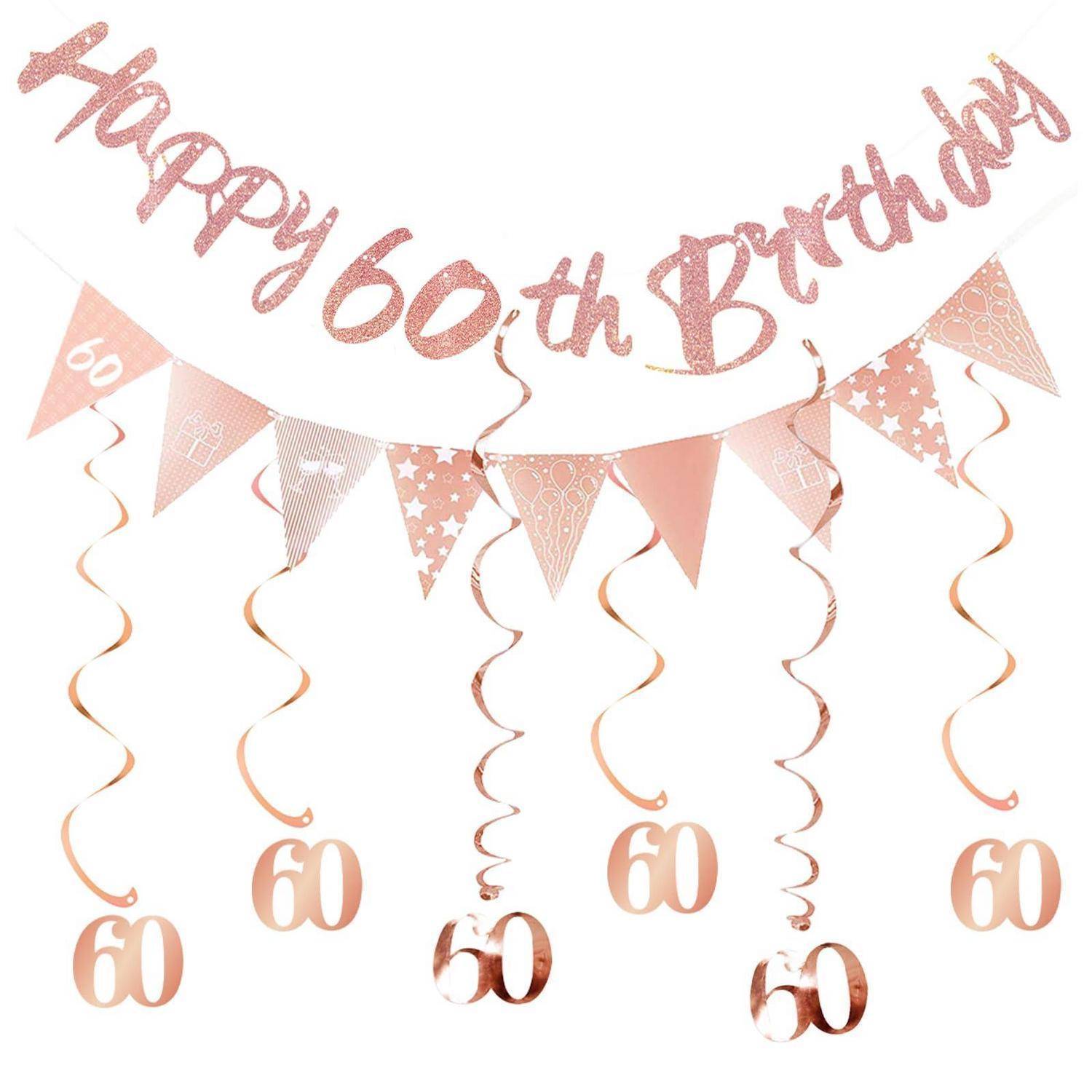 Rosegold-Geburtstagsbanner zum 60. Geburtstag mit Wimpelgirlande und hängenden Wirbeldekorationen, mit wiederholten ausgeschnittenen „60