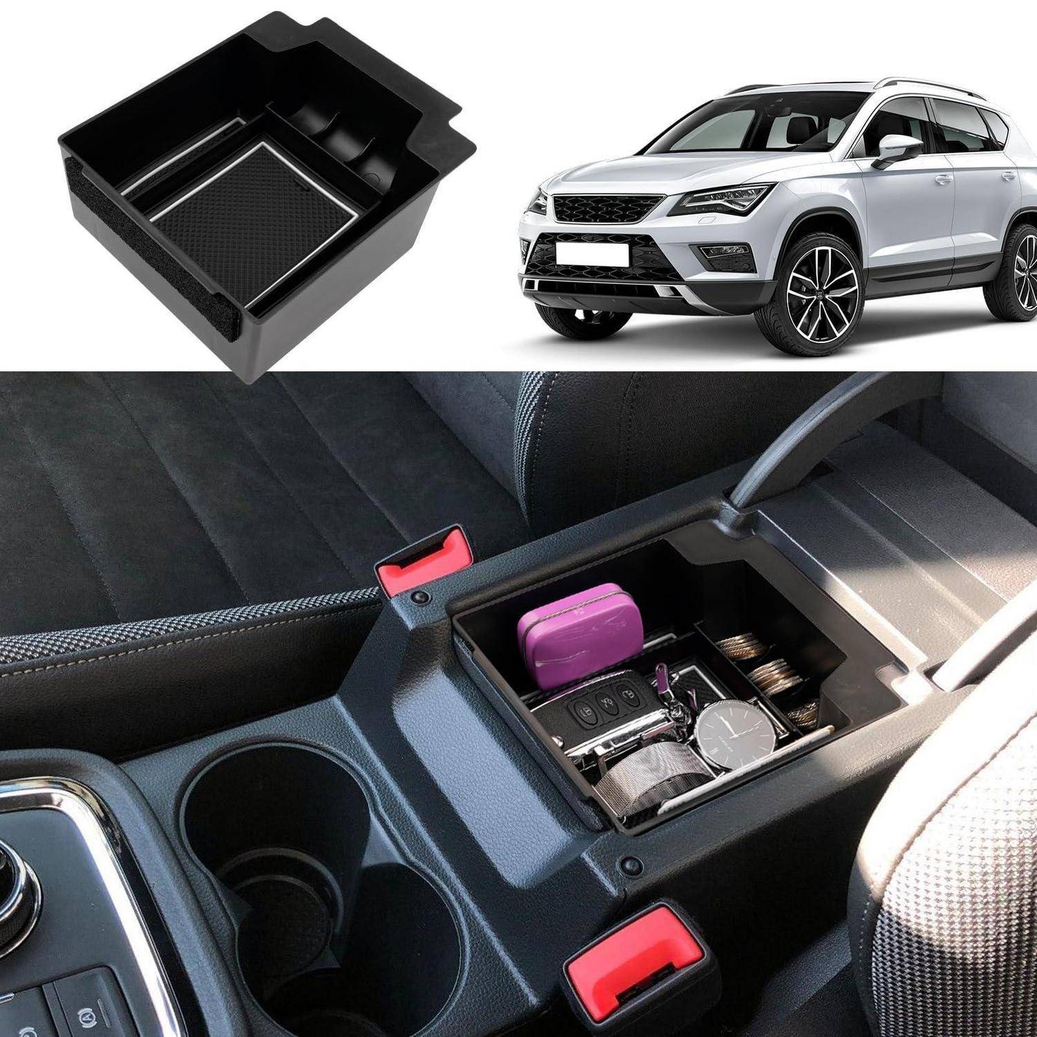 Ablagetablett für die Mittelkonsole eines Autos, das bei einem weißen SUV gezeigt wird und einen Organizer für Münzen, Schlüssel und kleine Gegenstände veranschaulicht.