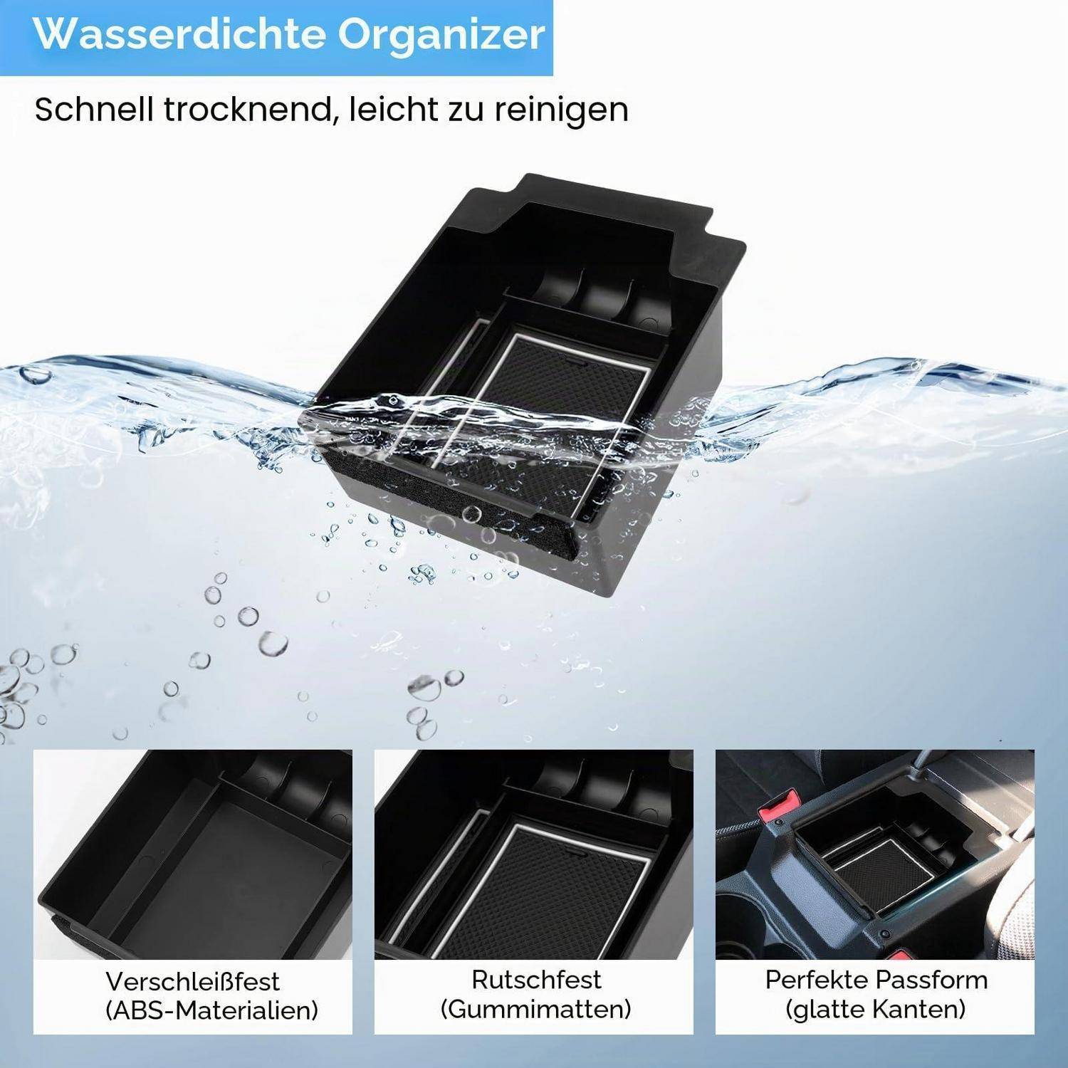 Wasserdichter Organizer im Wasser gezeigt mit Beschriftungen: schnelltrocknend, leicht zu reinigen, verschleißfestes ABS, rutschfeste Gummimatte, perfekte Passform mit glatten Kanten.