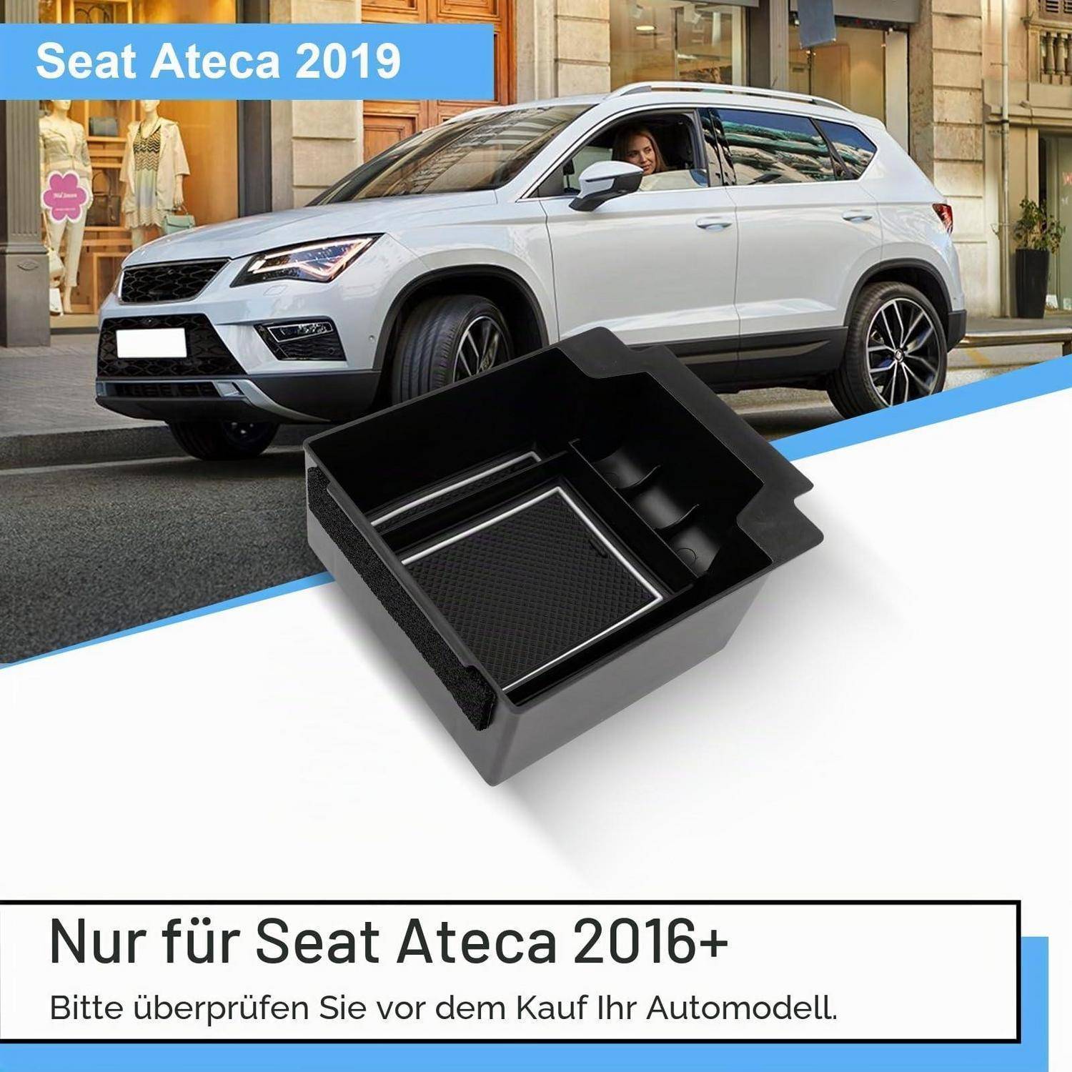 Schwarzes Kunststoff-Tablett-Zubehör für Seat Ateca 2016+; Einfügungsfoto eines weißen Seat Ateca SUV mit der Bezeichnung „Seat Ateca 2019".