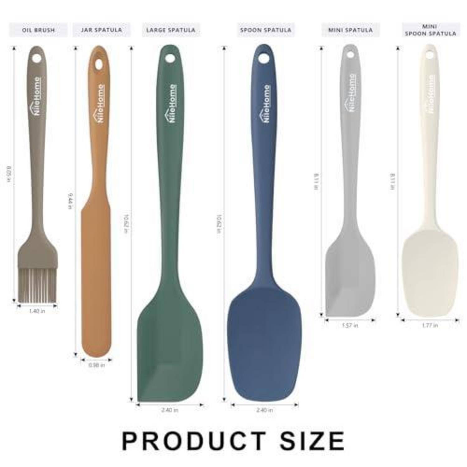Produktgrößentabelle mit sechs Küchengeräten: Ölpinsel, Glas-Spatel, großer Spatel, Löffel-Spatel, Mini-Spatel und Mini-Löffel-Spatel mit ihren Abmessungen.
