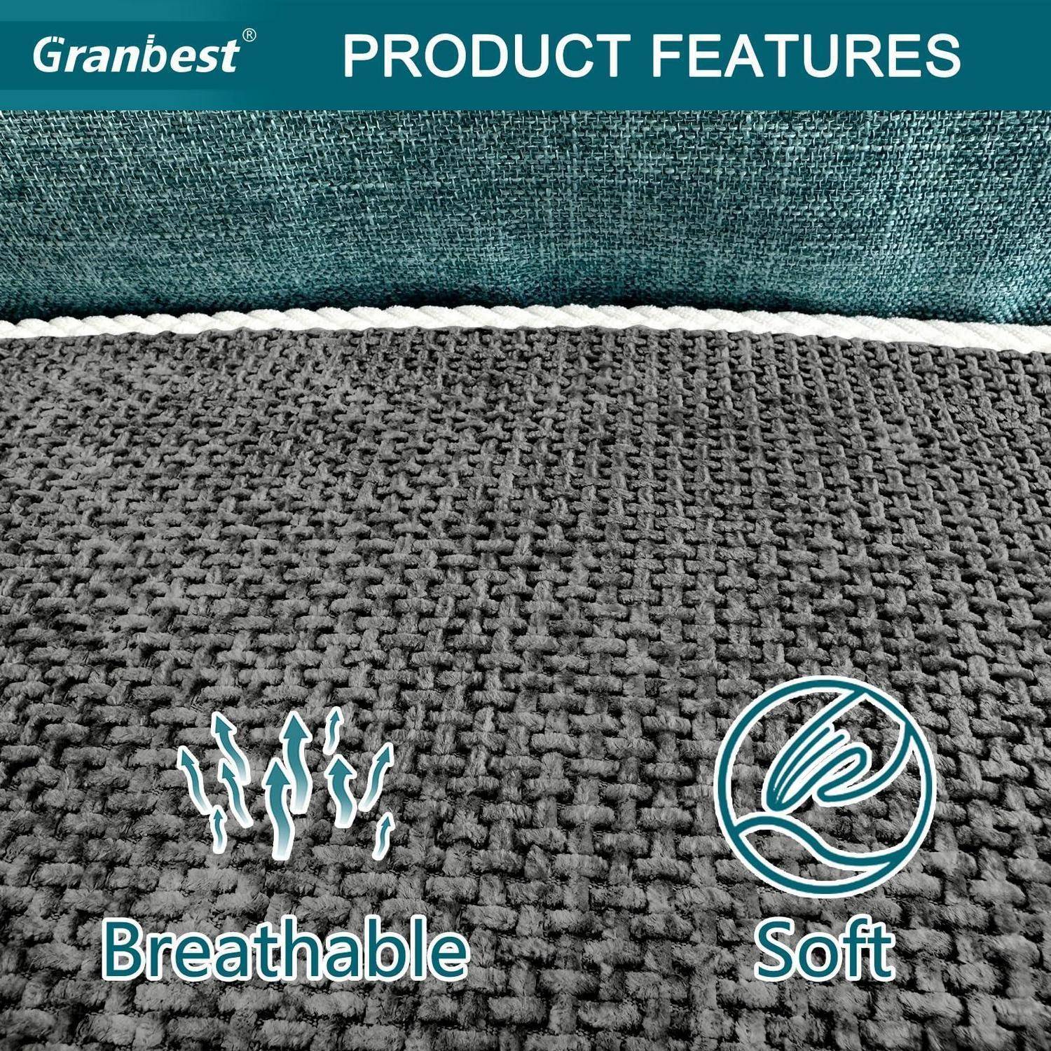 Granbest Produktmerkmale-Grafik mit einem strukturierten grauen Stoff mit der Bezeichnung "Atmungsaktiv"" und ""Weich"" mit Symbolen, die eine komfortable Textiloberfläche suggerieren.