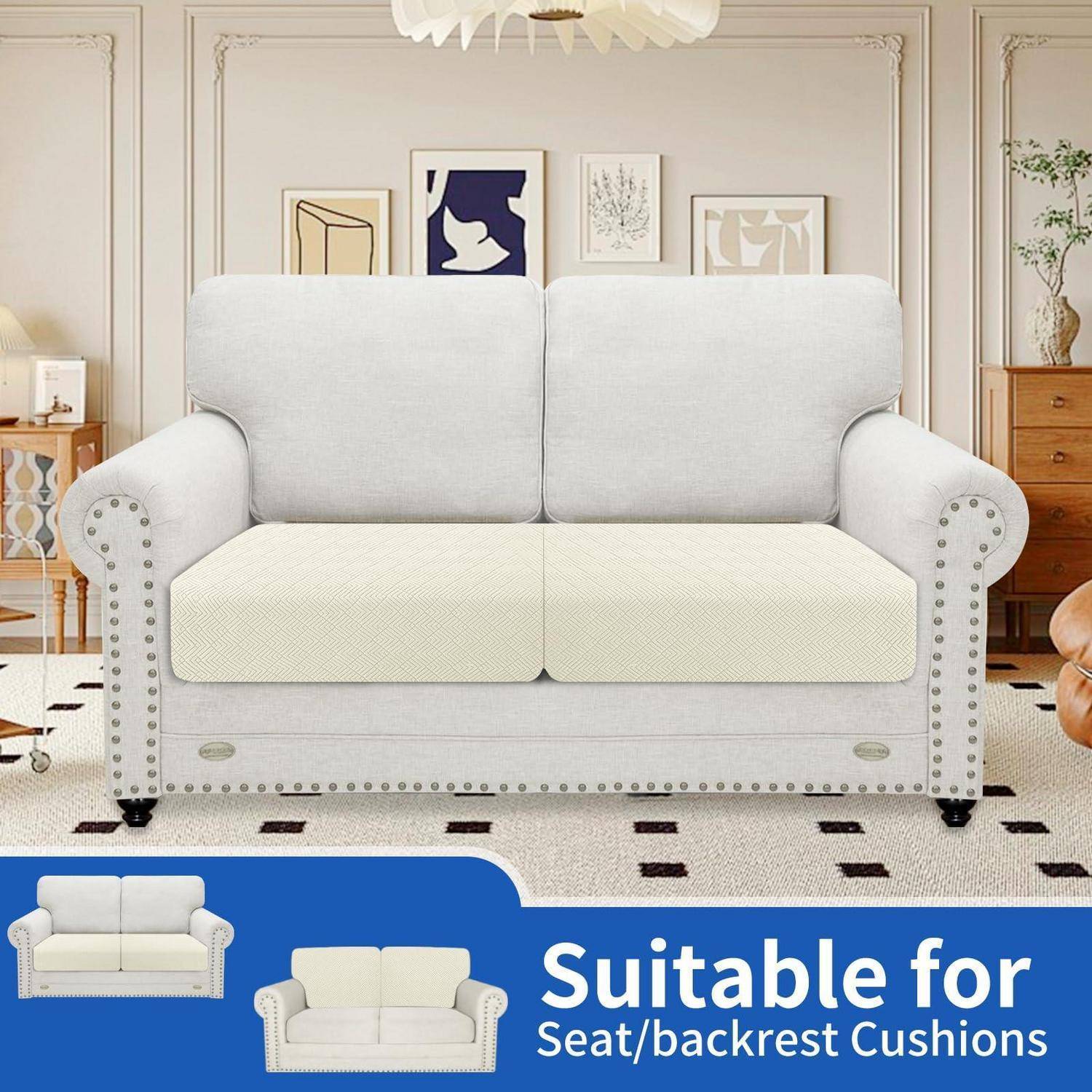 Weißes Zweisitzer-Sofa mit passenden Sitz- und Rückenlehnen-Kissen in einem stilvollen Wohnzimmer, beschriftet mit „Geeignet für Sitz-/Rückenlehnen-Kissen".