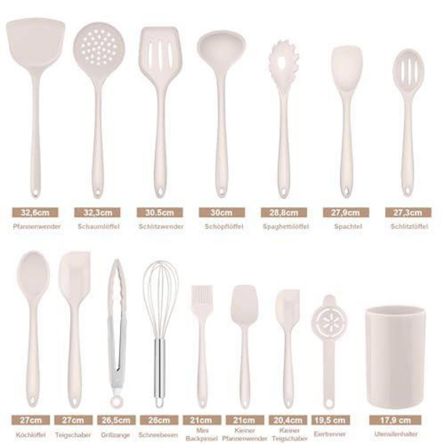 Küchengeräte-Set auf weißem Hintergrund, mit 17 beigen Silikonwerkzeugen mit gekennzeichneten Längen in Zentimetern, einschließlich Spachteln, Löffel, Schneebesen, Zange und Utensilien-Halter.