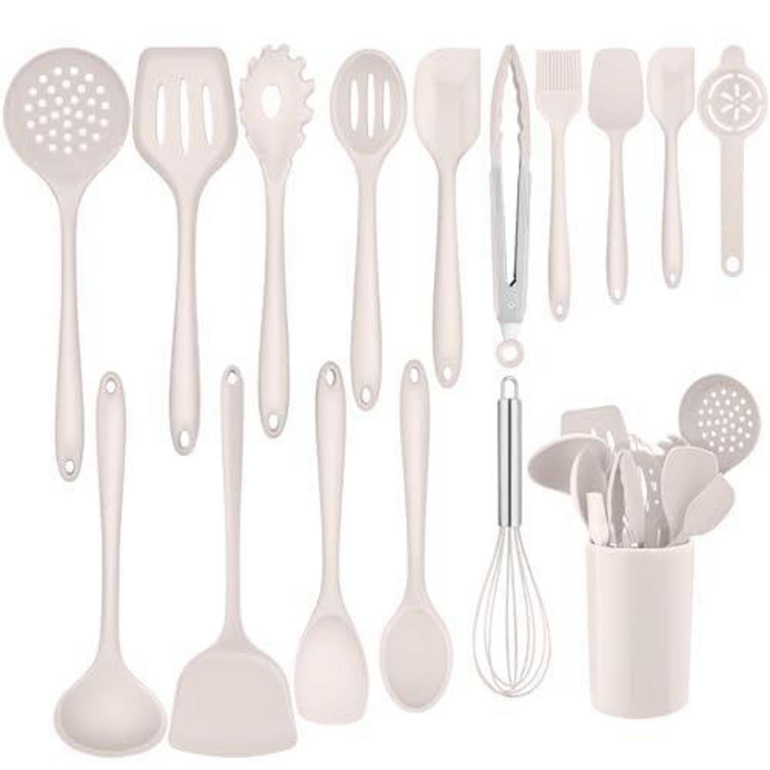 Satz aus hellrosa Küchenutensilien auf weißem Hintergrund ausgestellt, einschließlich Spachteln, Löffel, Zangen, Schneebesen und einem Utensilienbehälter.