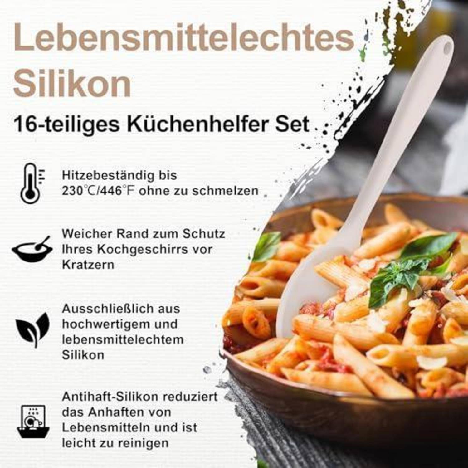 Homikit Silikon Küchenhelfer Set 16tlg Khaki Hitzebeständig Spülmaschinengeeignet